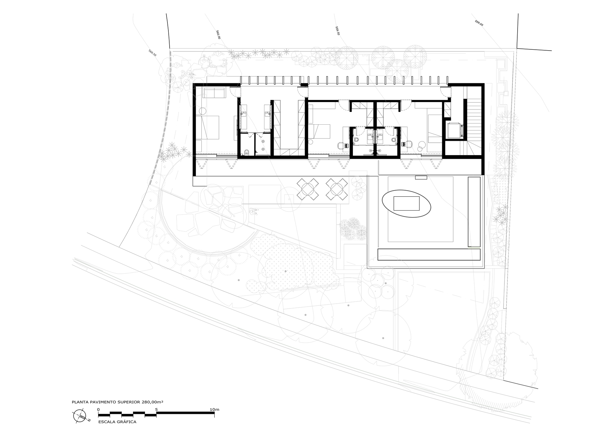 Upper floor plan drawing showing a long bedroom block with bathrooms, a stair and a terrace with an oval pool set in landscaping