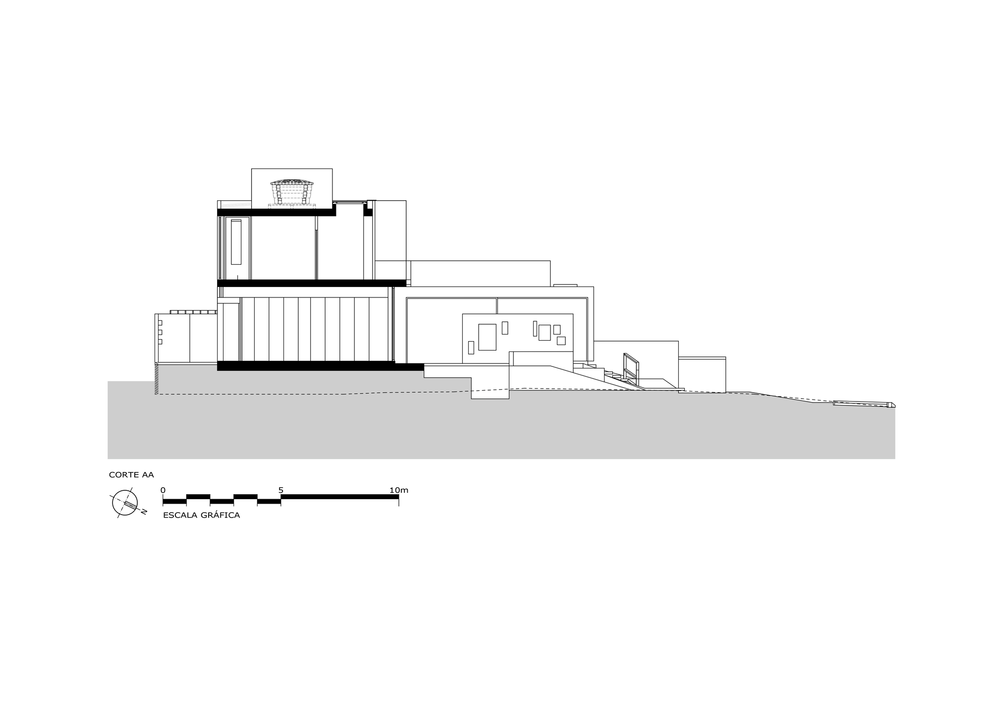 Section drawing cutting through a two-storey volume with a rooftop pergola and a lower wing stepping down the sloping ground