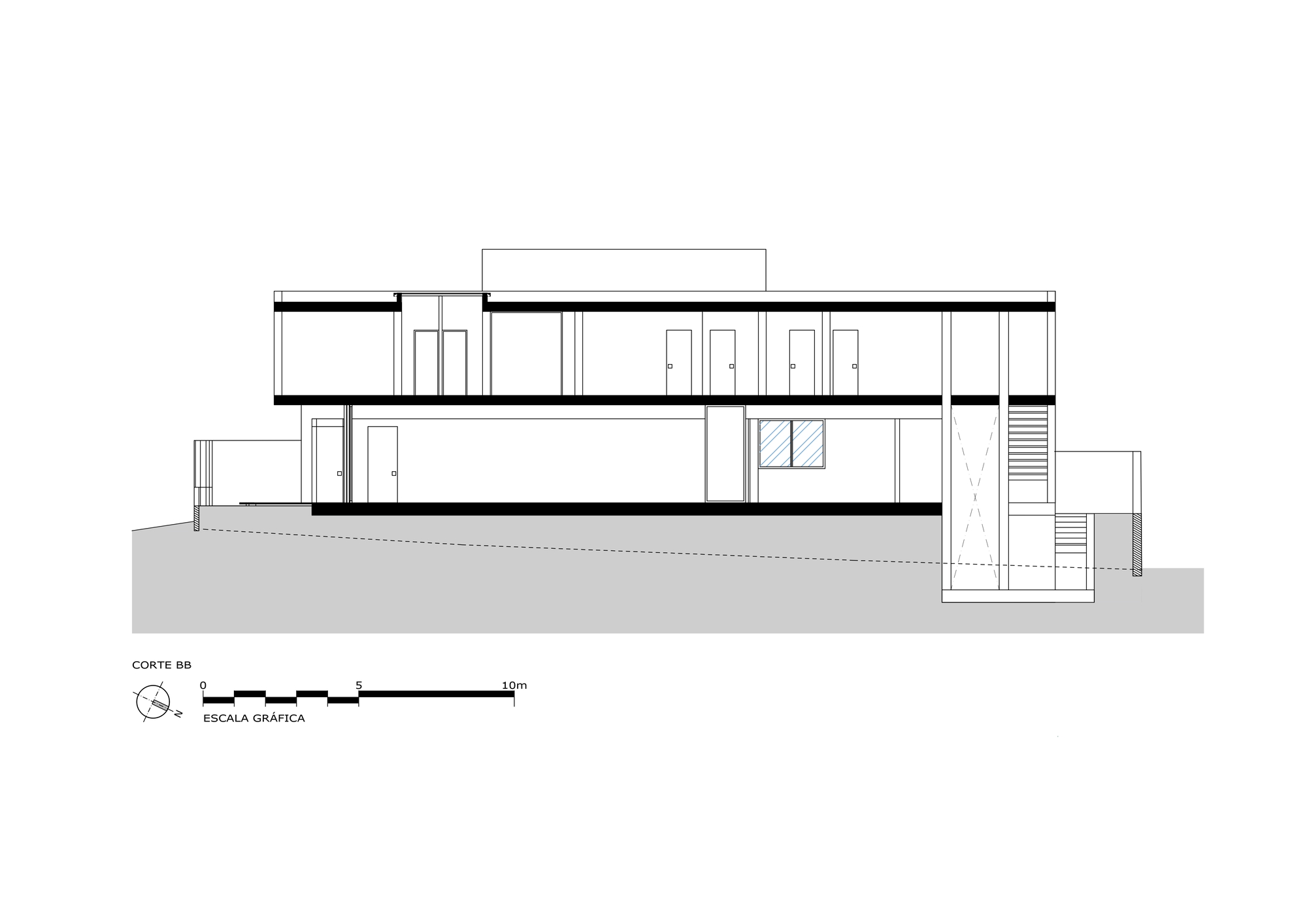 Section drawing of a two-storey house with interior doors, a window and an exterior stair tower dropping below the sloping grade