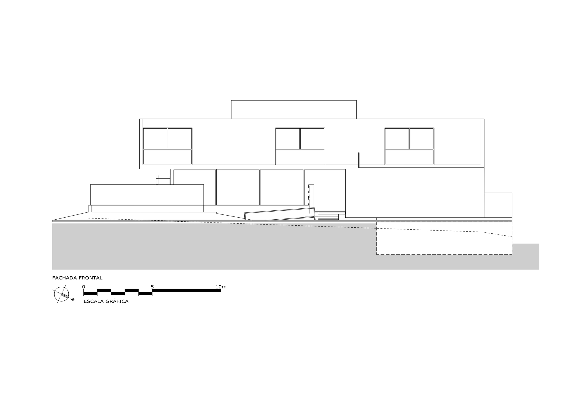 Front elevation drawing showing an upper floor with three paired windows above a glazed ground level, a ramp and a low wall