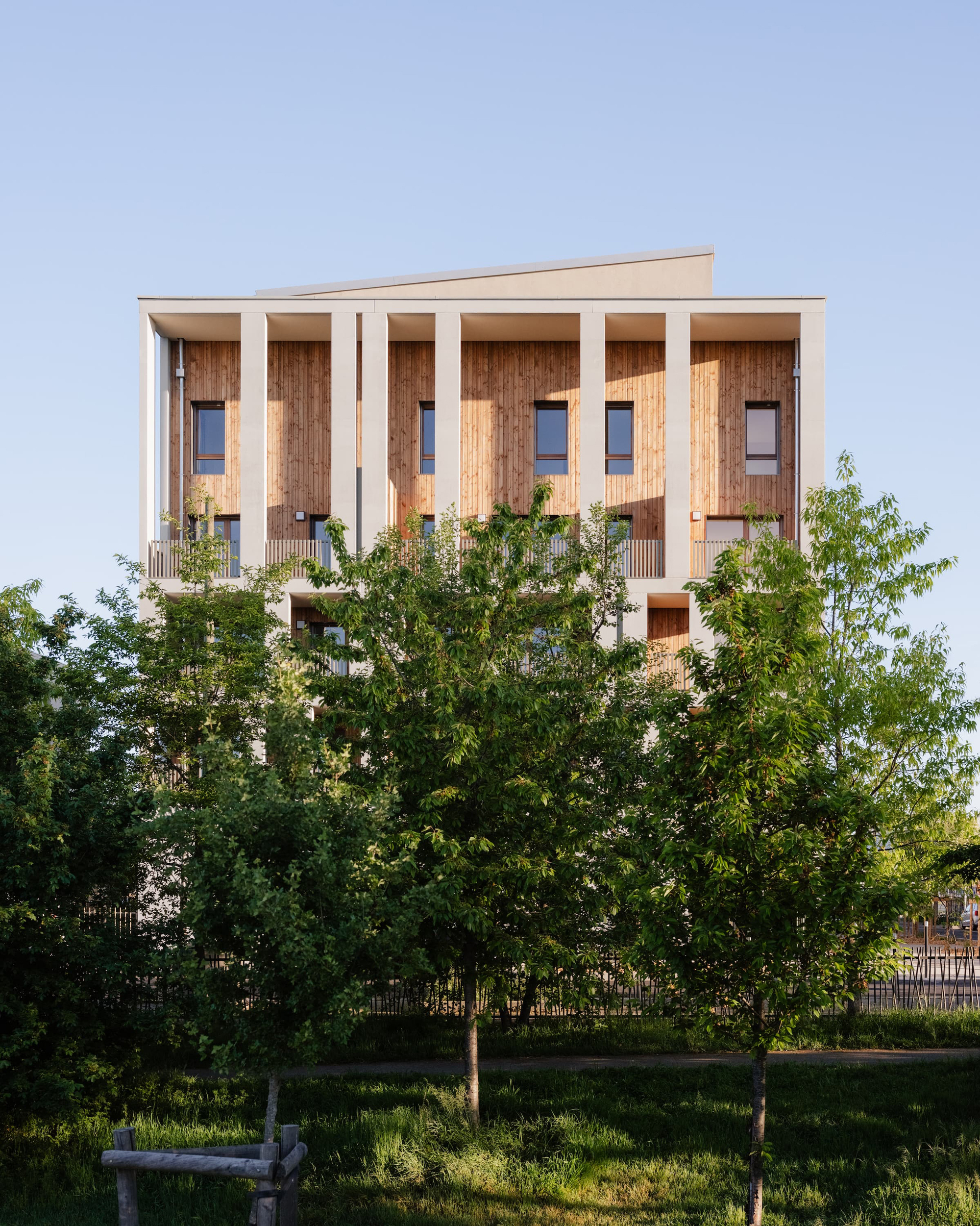 Front facade of a five-storey block with slim white columns and vertical timber cladding, lit by low evening sun behind young trees