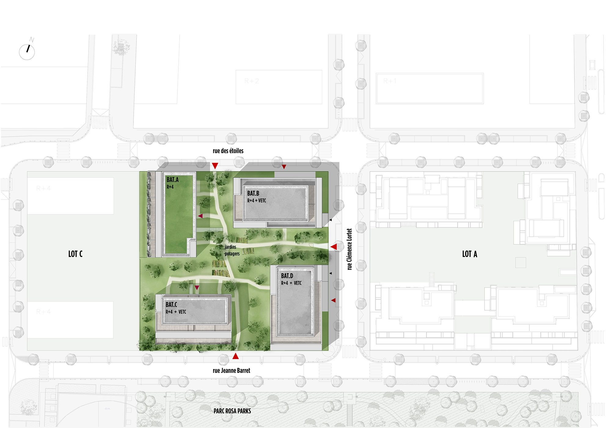 Site plan drawing showing four apartment blocks set around a shared garden with winding paths, bordered by streets and a park