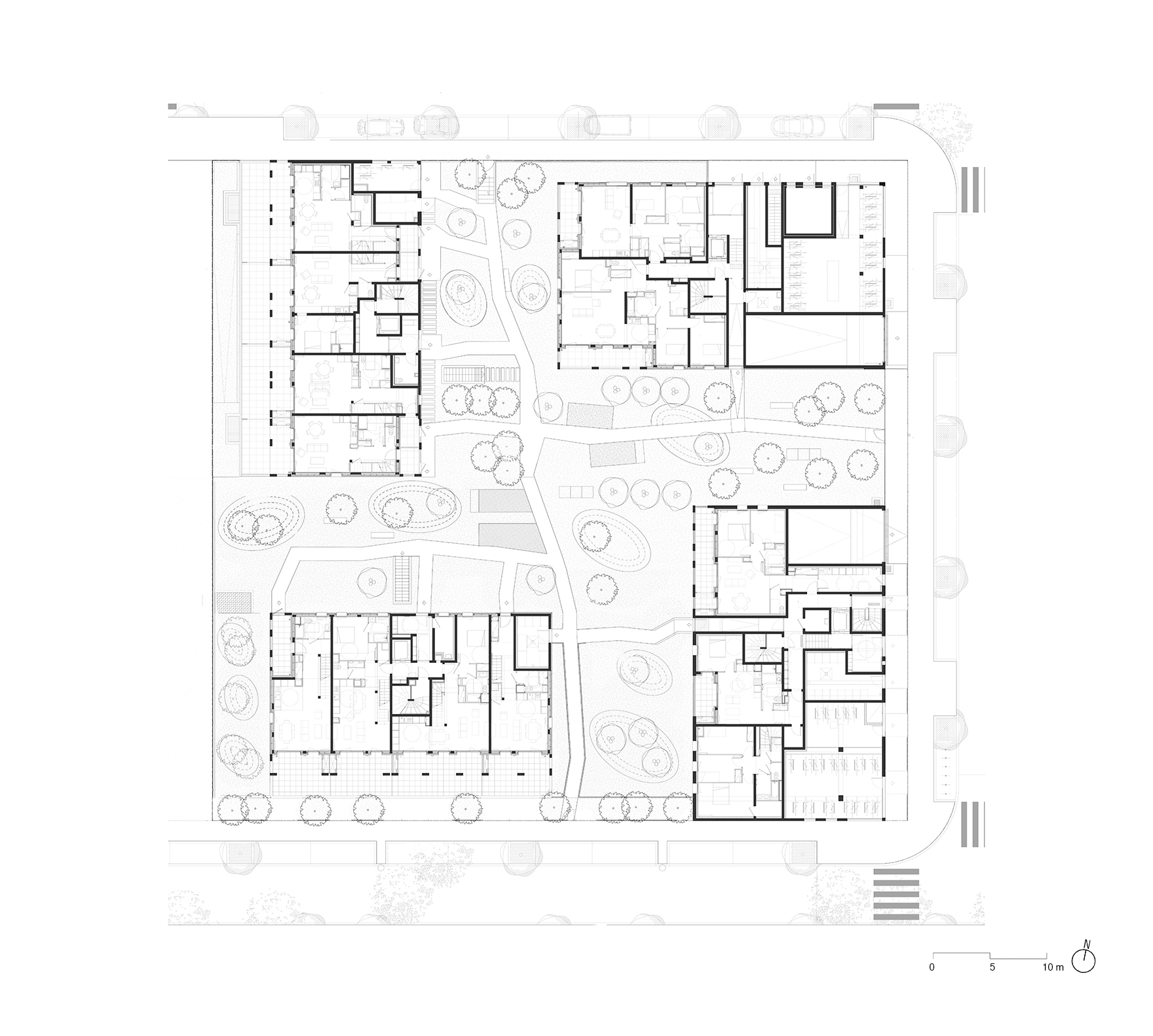 Ground floor plan drawing showing four residential blocks around a central landscaped courtyard with curving paths, trees and planted mounds