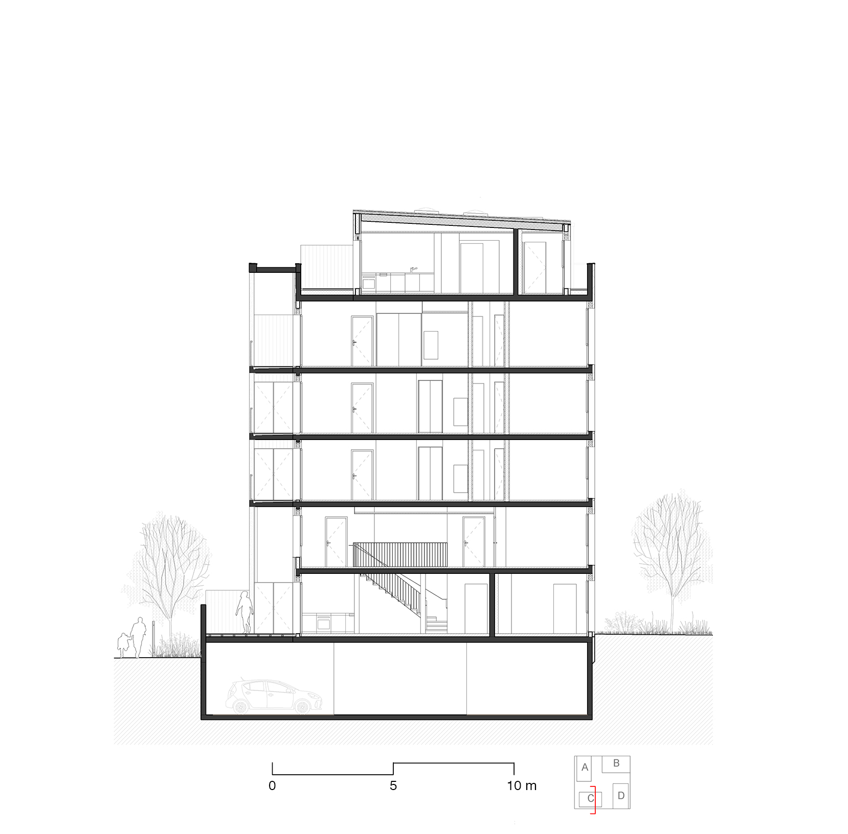 Building section drawing showing six stacked floors, a central stair and a basement car park, with bare trees and a figure outside