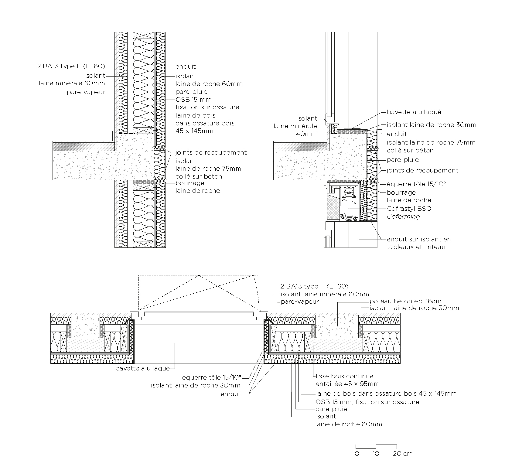 Construction detail drawings in section and plan showing insulated timber-frame walls, concrete slab edges and a window with a roller shutter box