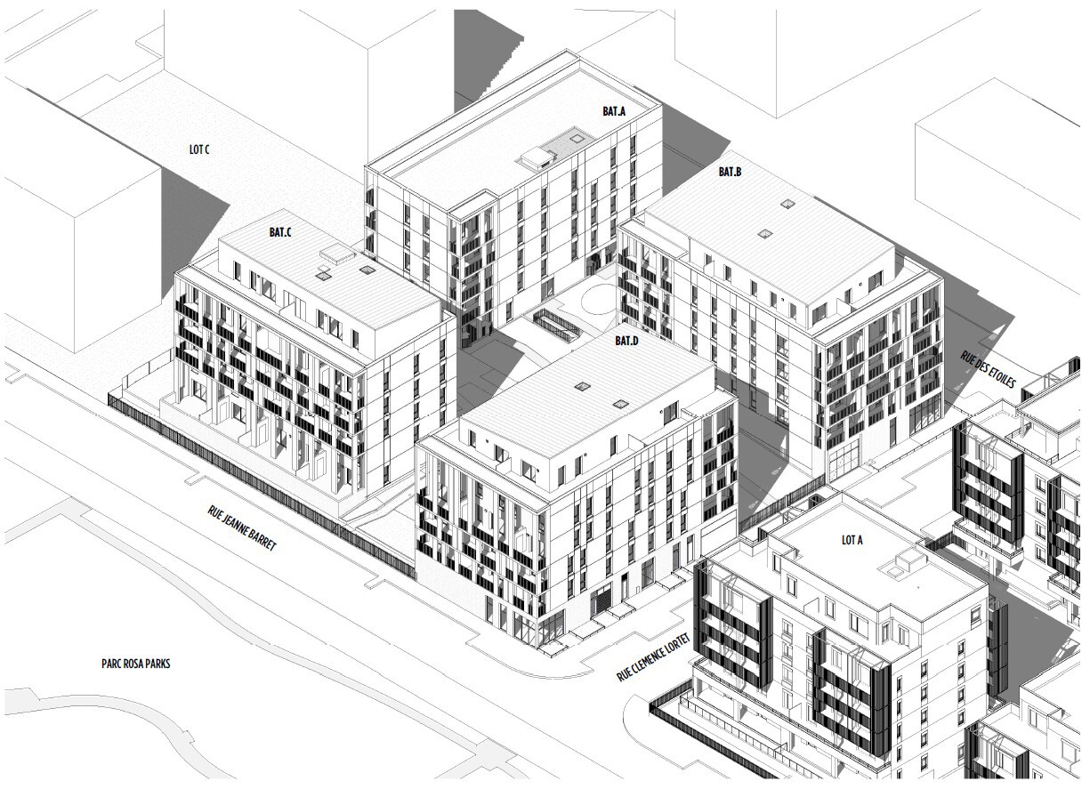 Axonometric drawing of four apartment blocks around a shared courtyard, with cast shadows and surrounding streets and a park labelled