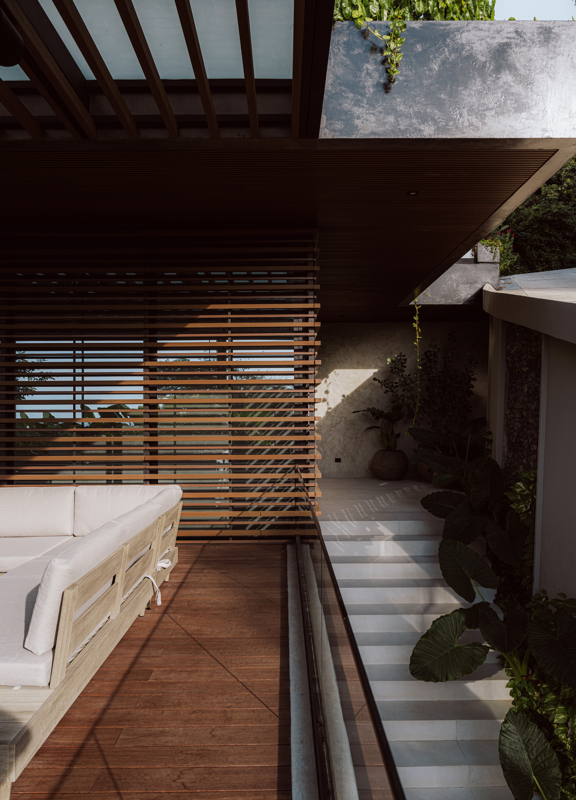 Covered terrace with slatted timber screen, white daybed and stone steps lined with broadleaf plants in warm afternoon light
