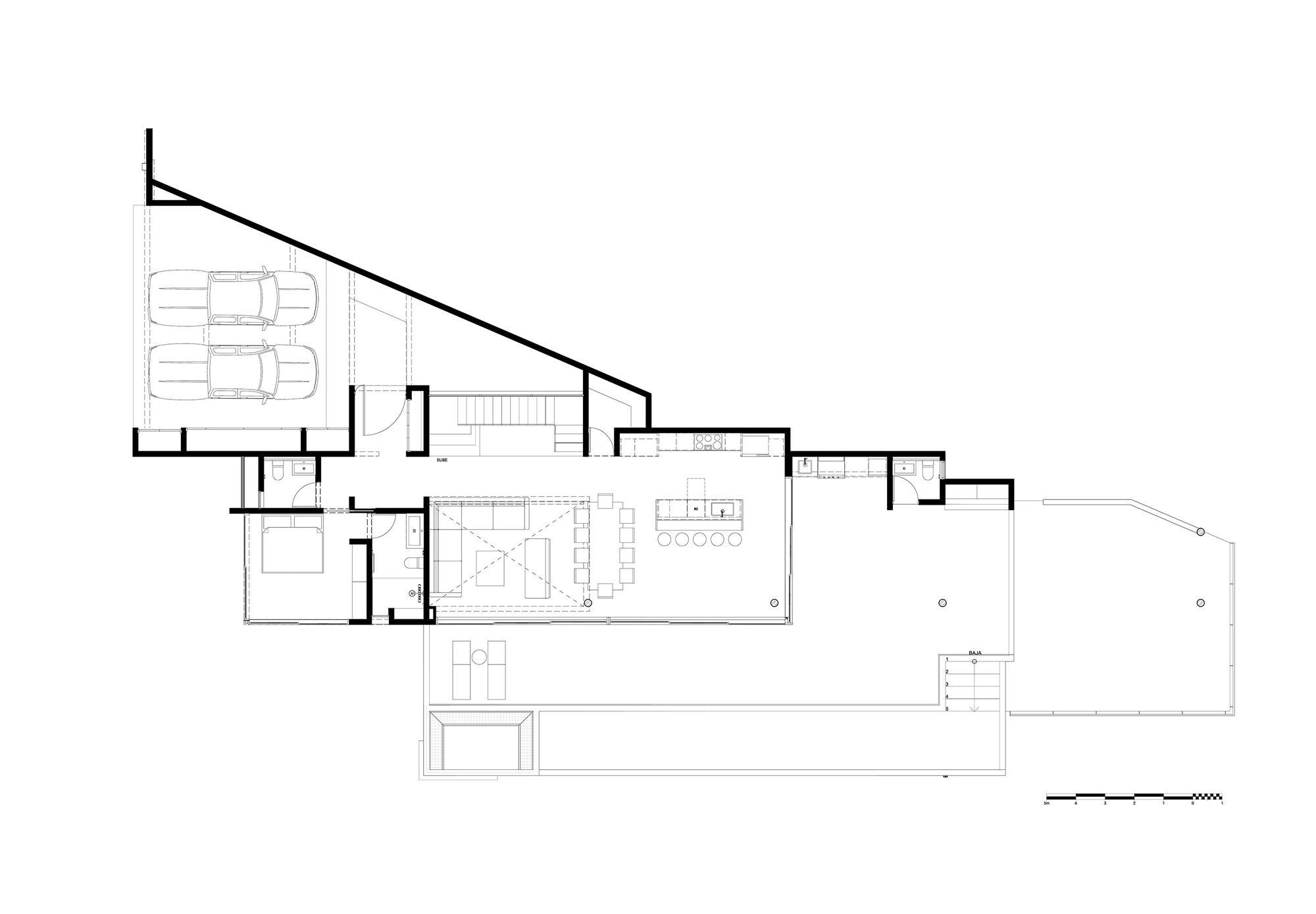 Ground floor plan drawing showing a two-car garage, bedroom, open living and kitchen volume, and terrace stepping toward the pool