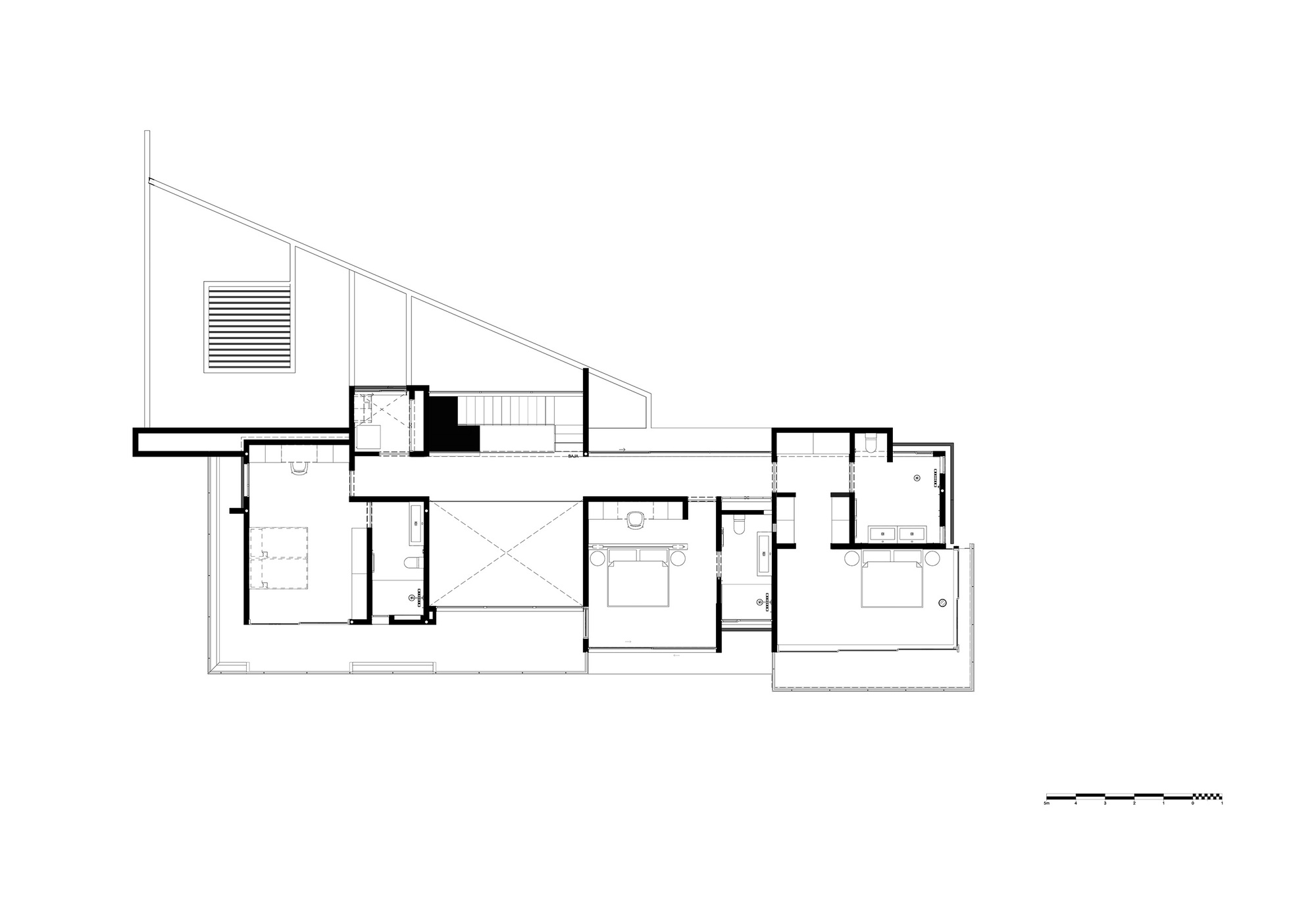 Upper floor plan drawing showing three bedroom suites with bathrooms arranged around a central void and stair