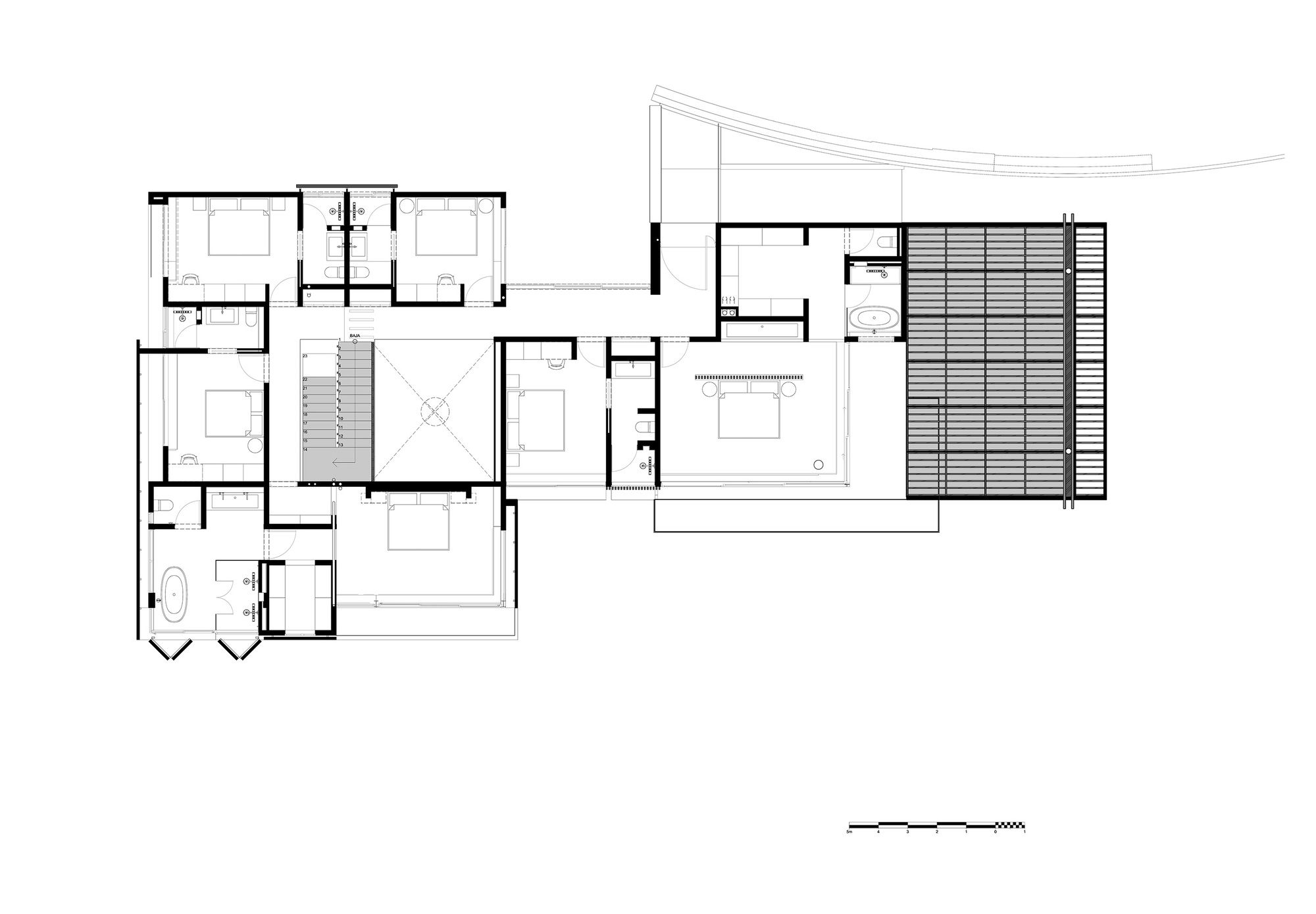Upper floor plan drawing showing bedrooms with bathrooms around a central stair and skylit void, plus a slatted louvre screen at the right end