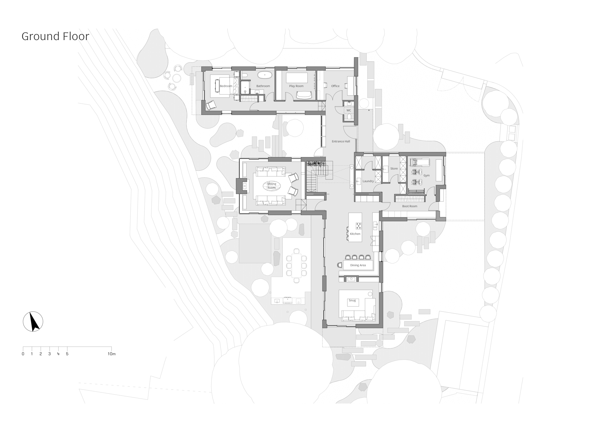 Ground floor plan drawing showing a T-shaped layout with kitchen, dining area, snug, bedroom wing and entrance hall among trees