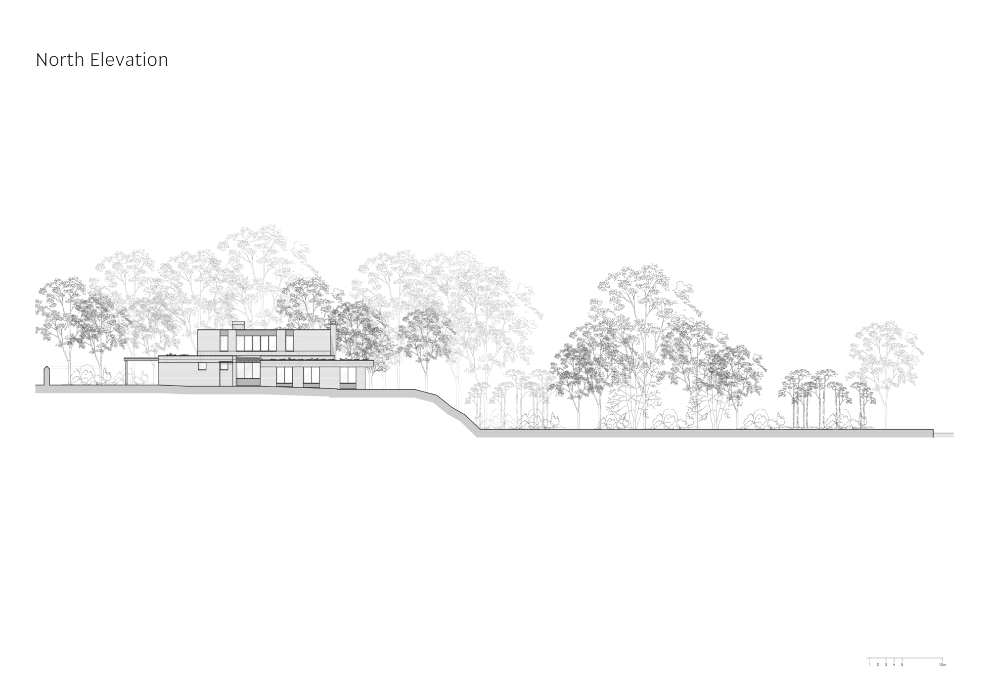 North elevation drawing of a two-storey house set on a sloping site, with tall trees behind and to the right