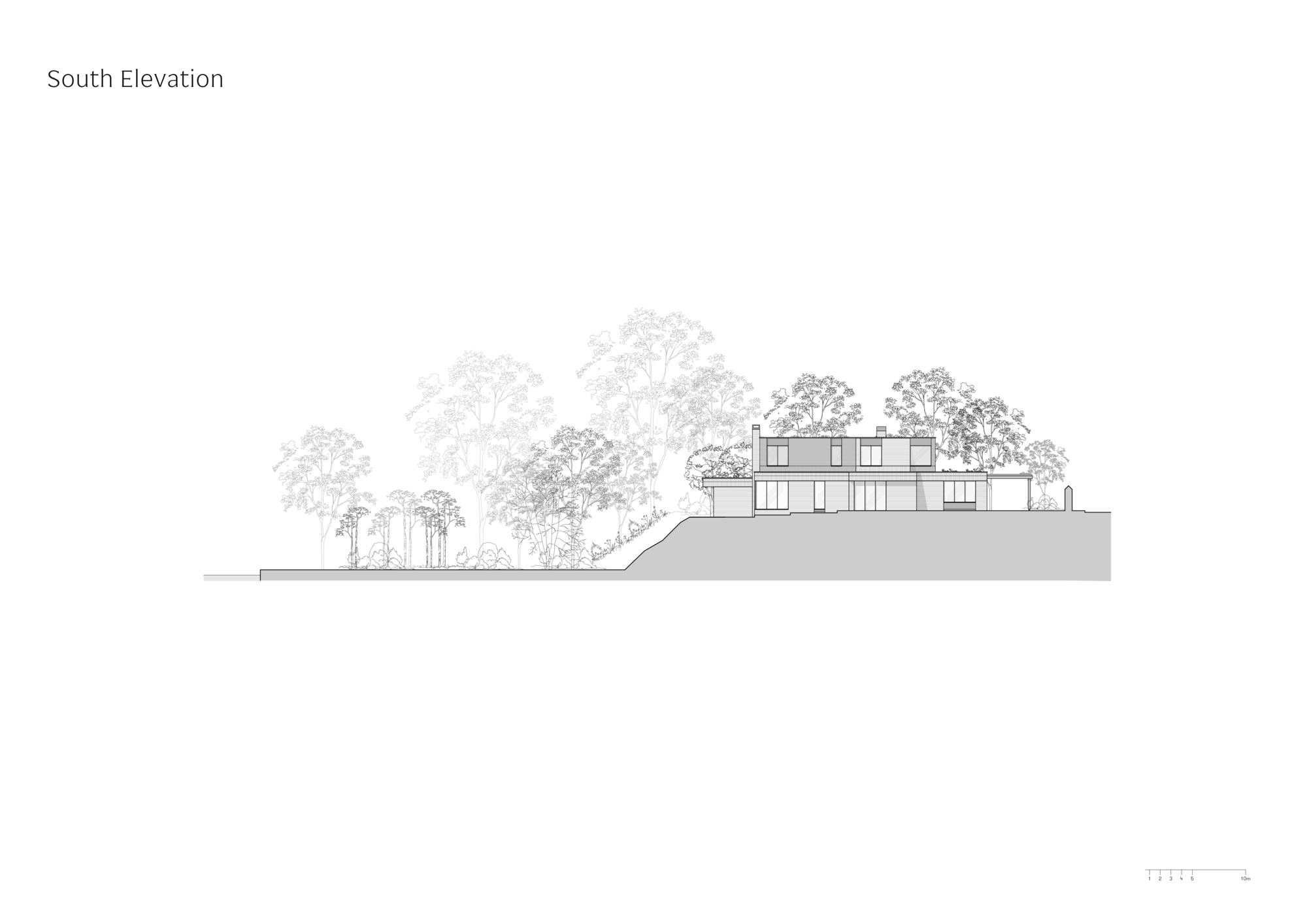 South elevation drawing of the house sitting on top of a steep embankment, with a grove of trees falling away to the left