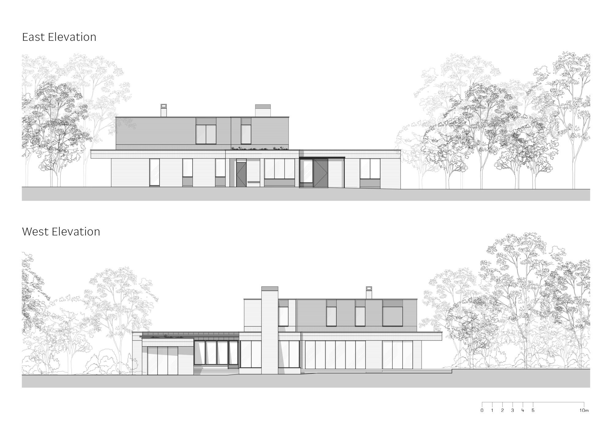 Paired east and west elevation drawings of a two-storey house with a deep flat roof overhang, tall chimney and glazed ground floor, framed by line-drawn trees