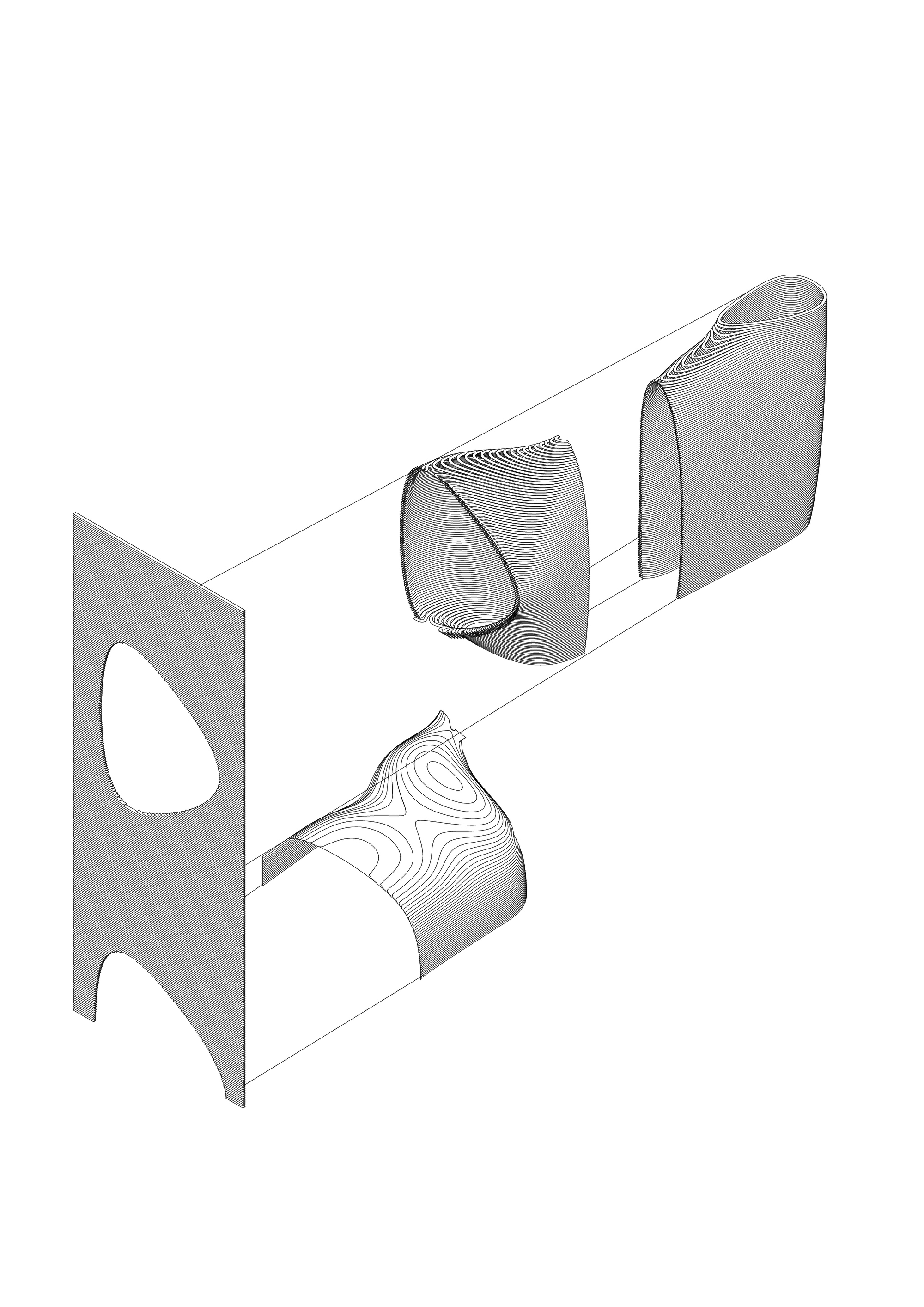 Exploded axonometric drawing showing a perforated panel with an oval cutout and three contoured slatted forms that fill the openings