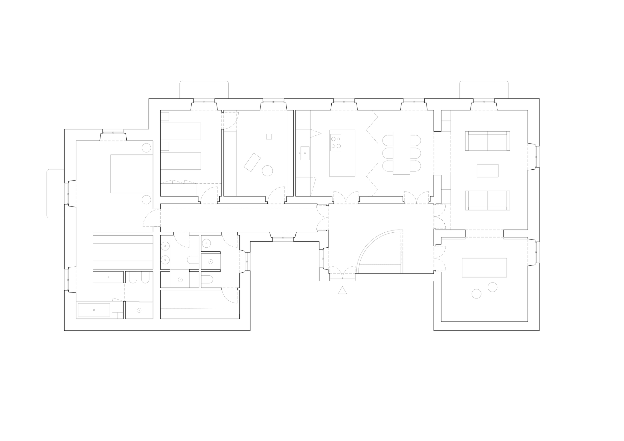 Floor plan drawing of an apartment with a central corridor linking bedrooms, bathrooms, kitchen with island, dining table and two living rooms