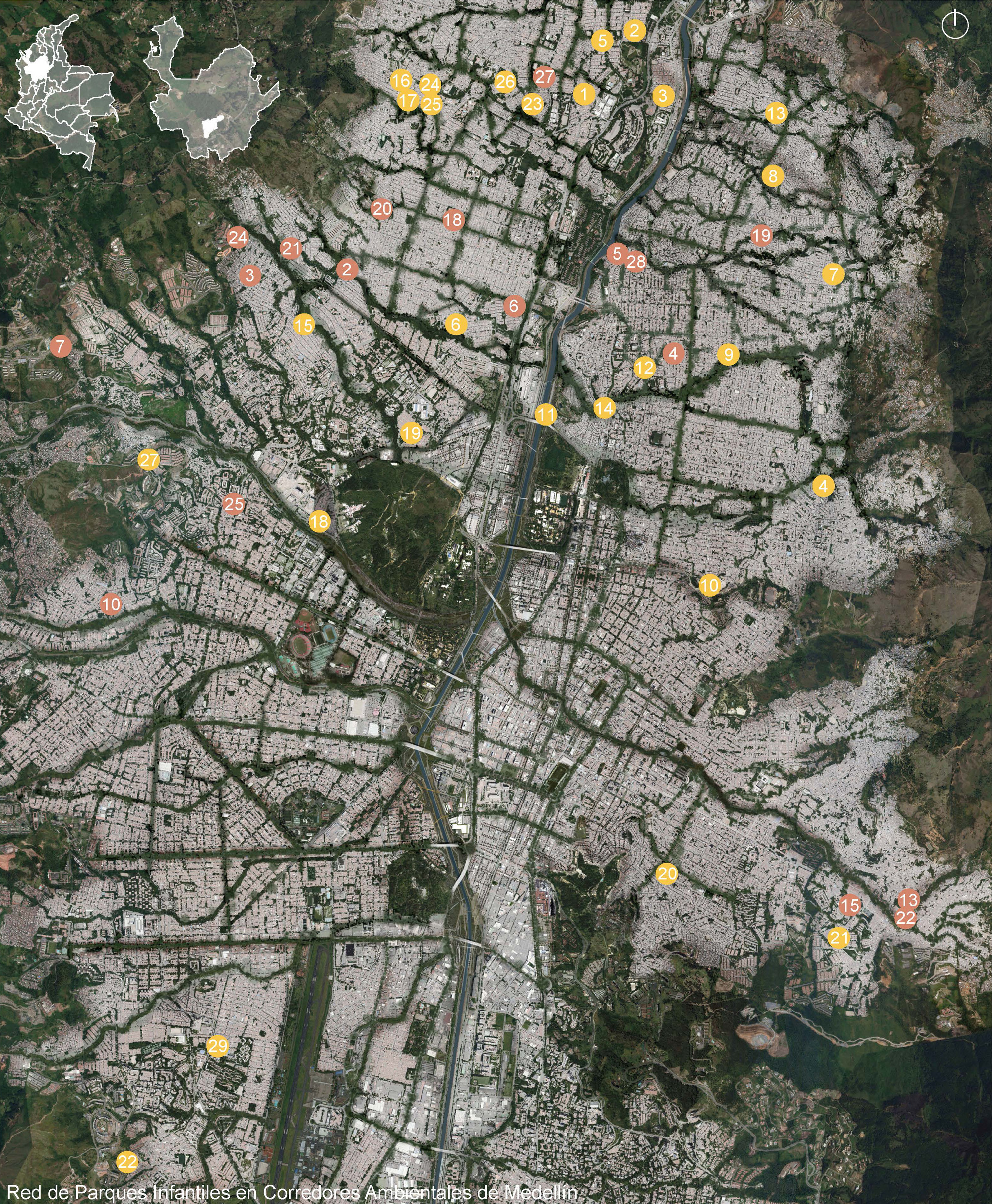 Aerial map of a dense valley city with numbered yellow and red markers scattered along green stream corridors