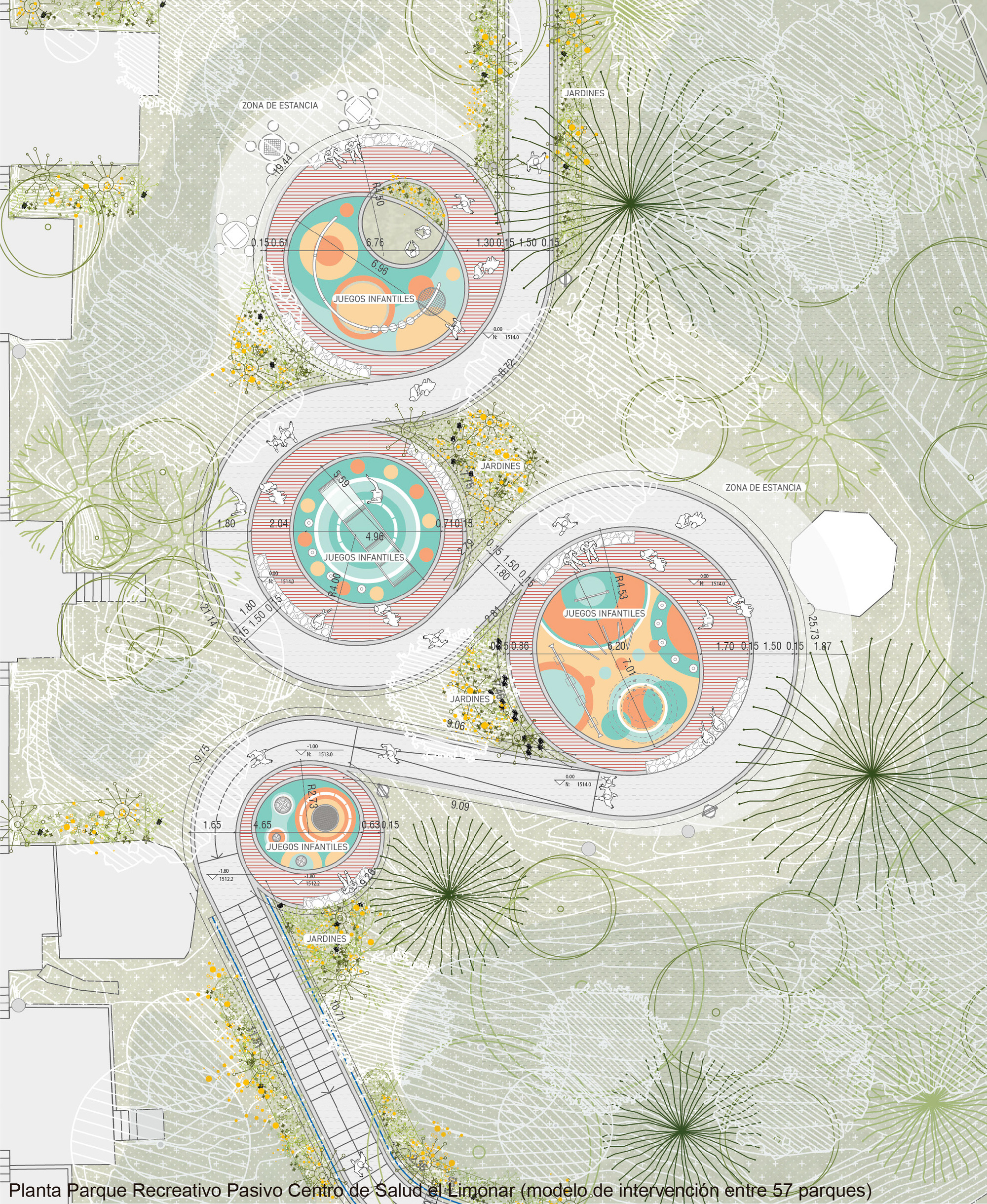 Site plan drawing of four circular play areas linked by a winding path through planted gardens and trees