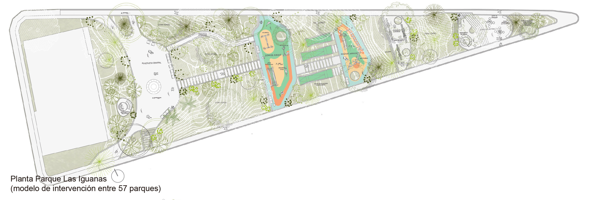Site plan drawing of a long triangular park with a central plaza, play zones and tree-lined paths