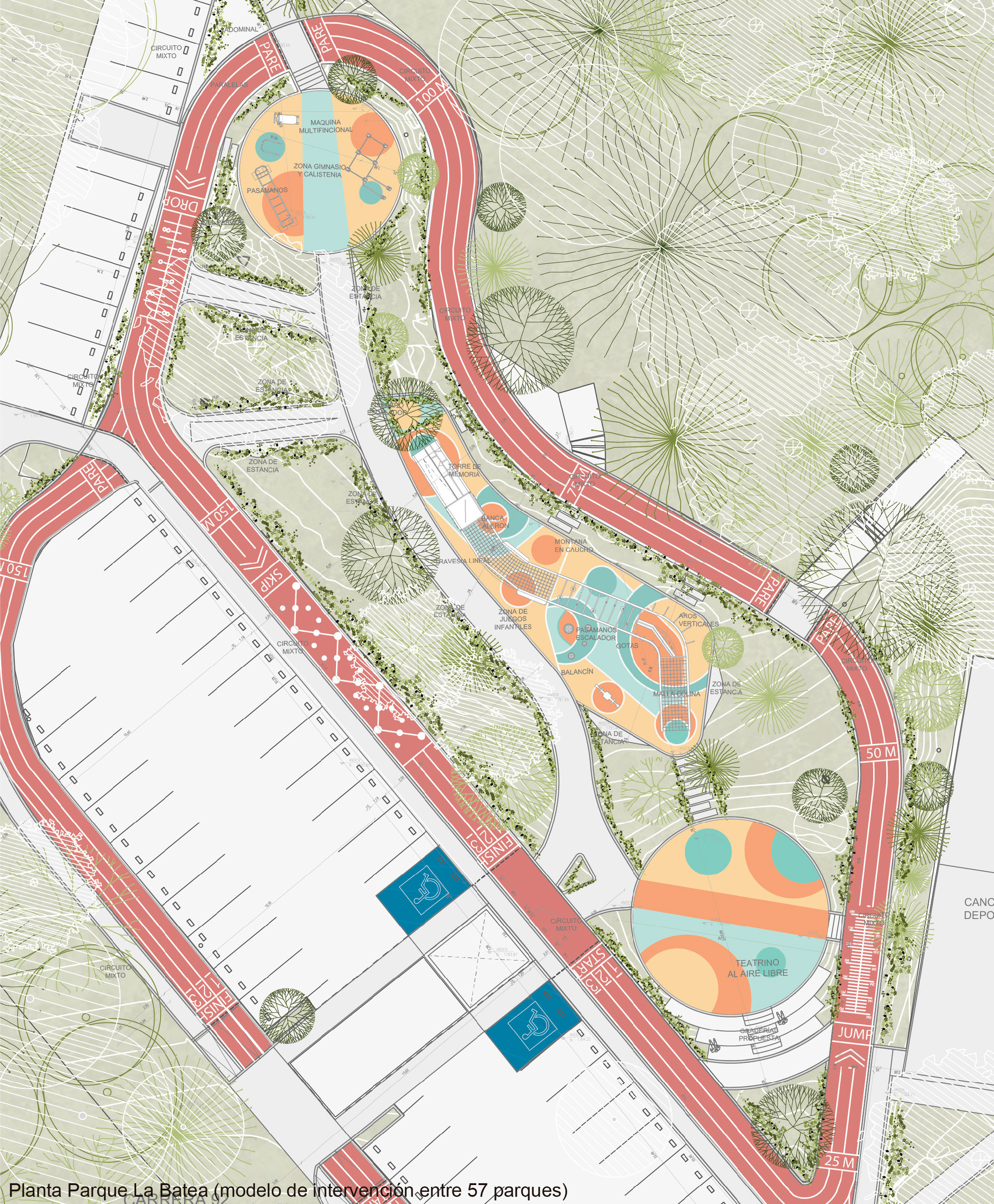 Site plan drawing of a park ringed by a red running track, with play areas and an open-air theater