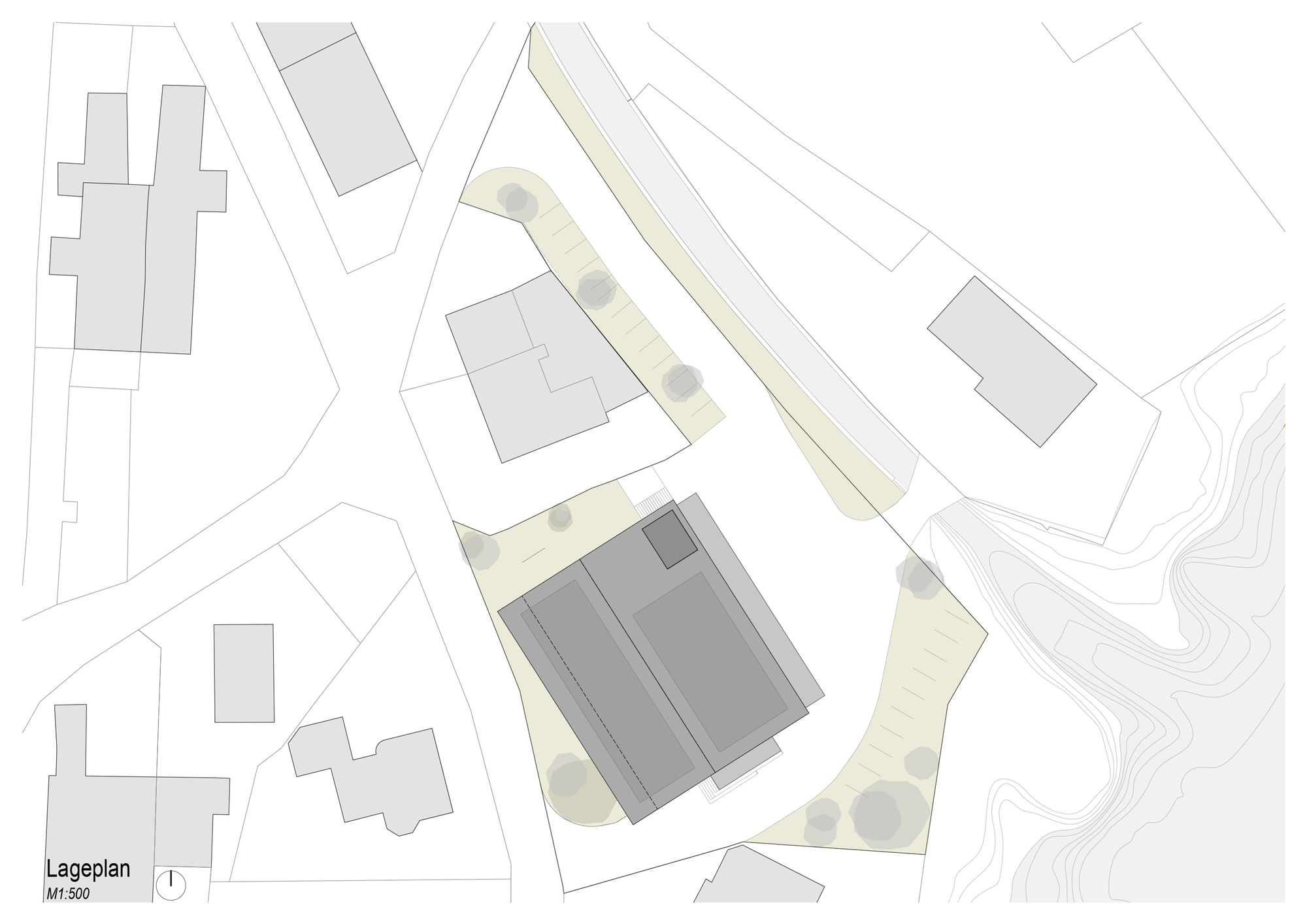 Site plan drawing at 1:500 showing the building footprint among neighbouring houses, access roads, parking strips, trees and contour lines to the east