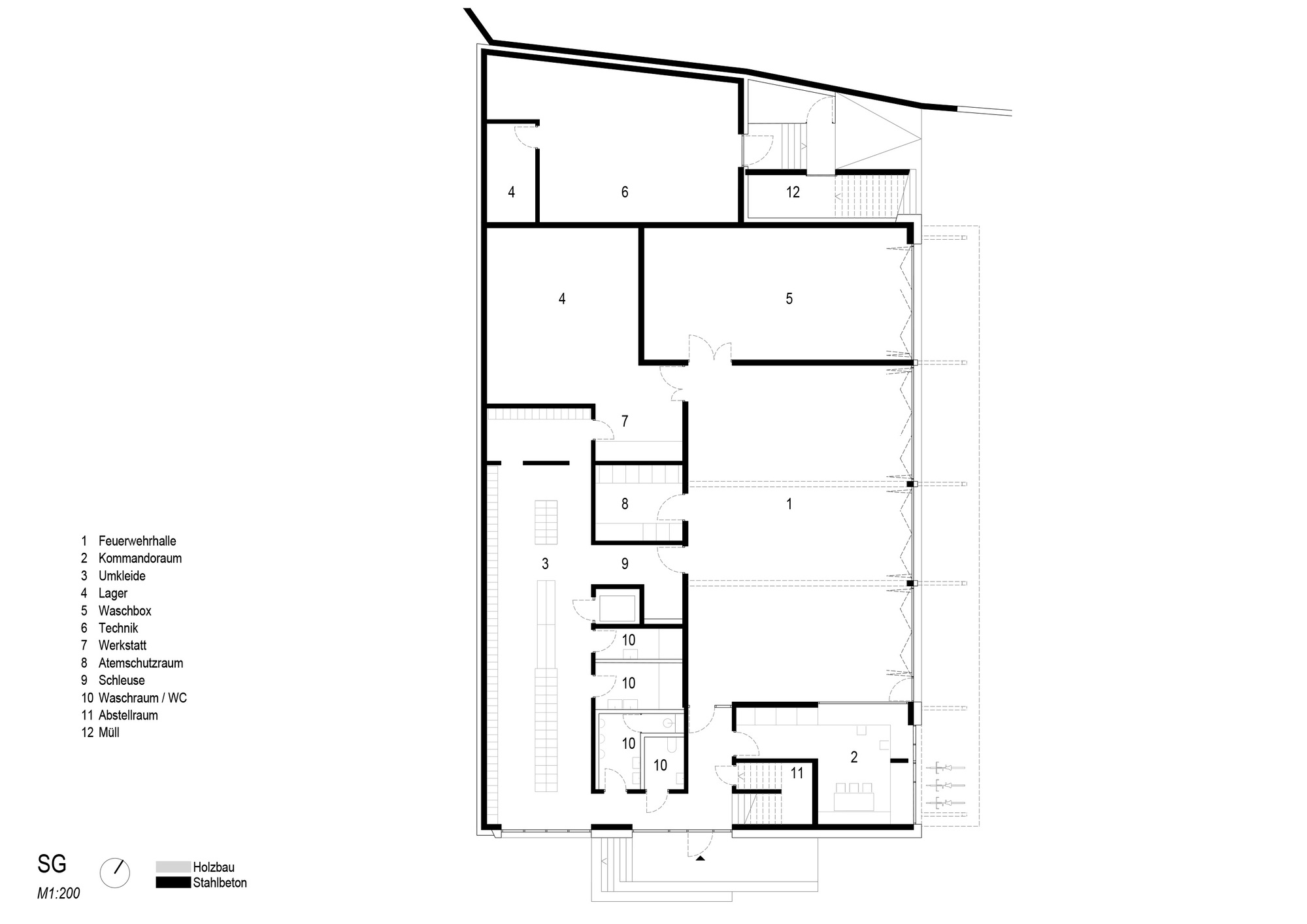 Basement floor plan drawing showing a large vehicle hall, changing room, storage, wash bay and technical rooms in concrete and timber construction