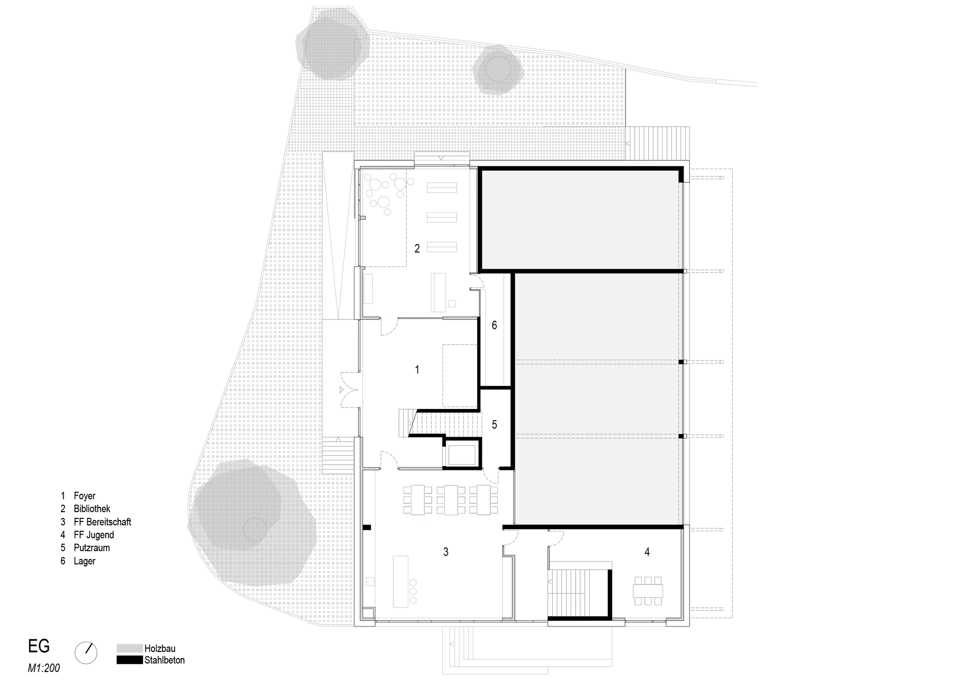 Ground floor plan drawing showing a foyer, library and volunteer room beside the vehicle bays, with trees on the sloping site