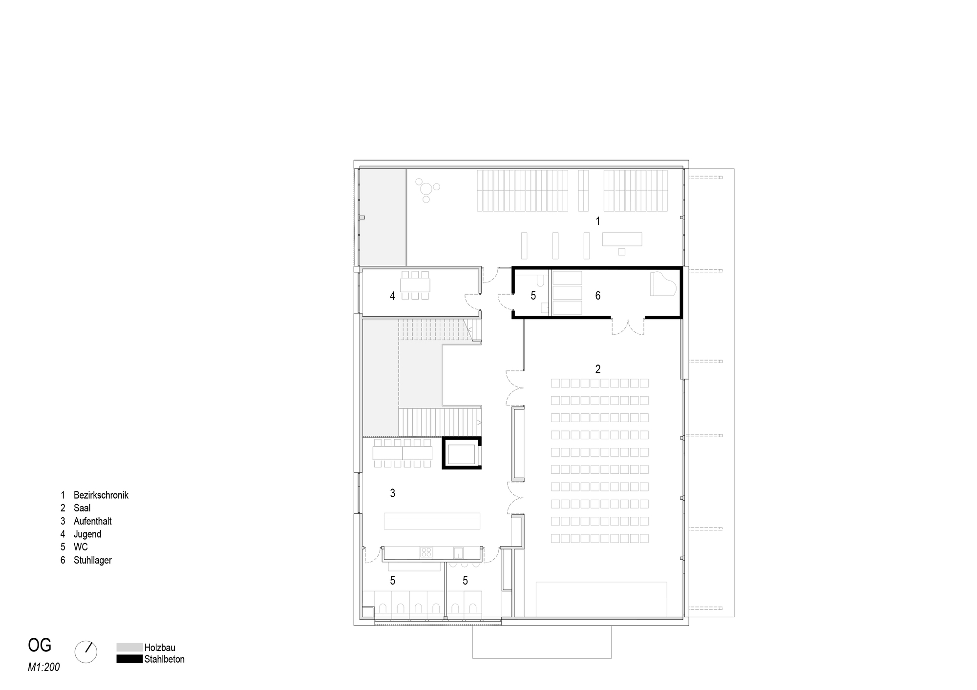 Upper floor plan drawing showing a large hall with rows of seating, a lounge, a stair void and washrooms