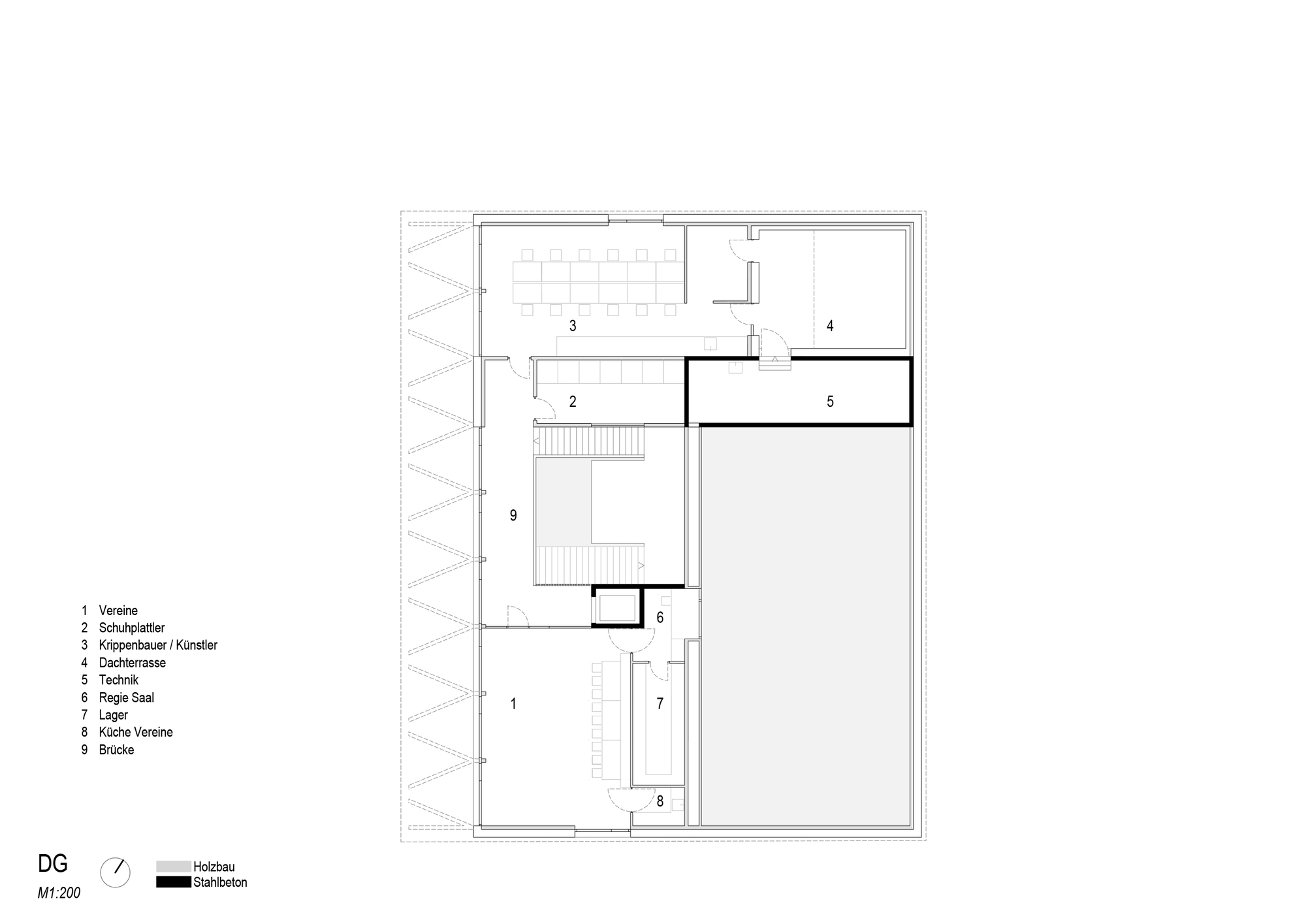 Attic floor plan drawing showing club rooms, a roof terrace, a technical room and a bridge across the central stair void