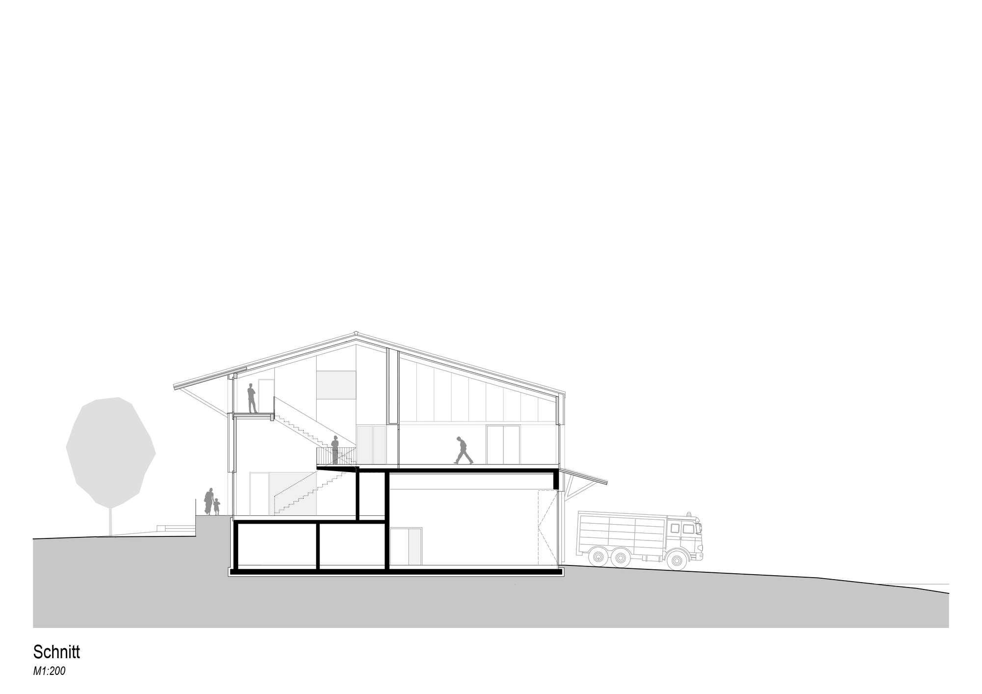 Section drawing through the gabled building on a slope, with a fire truck parked outside and figures on the stairs
