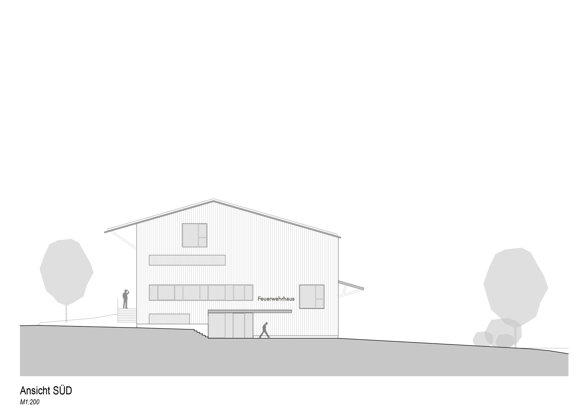 South elevation drawing of the gabled, vertically clad building with ribbon windows, lettering and entrance canopy, with trees and a walking figure