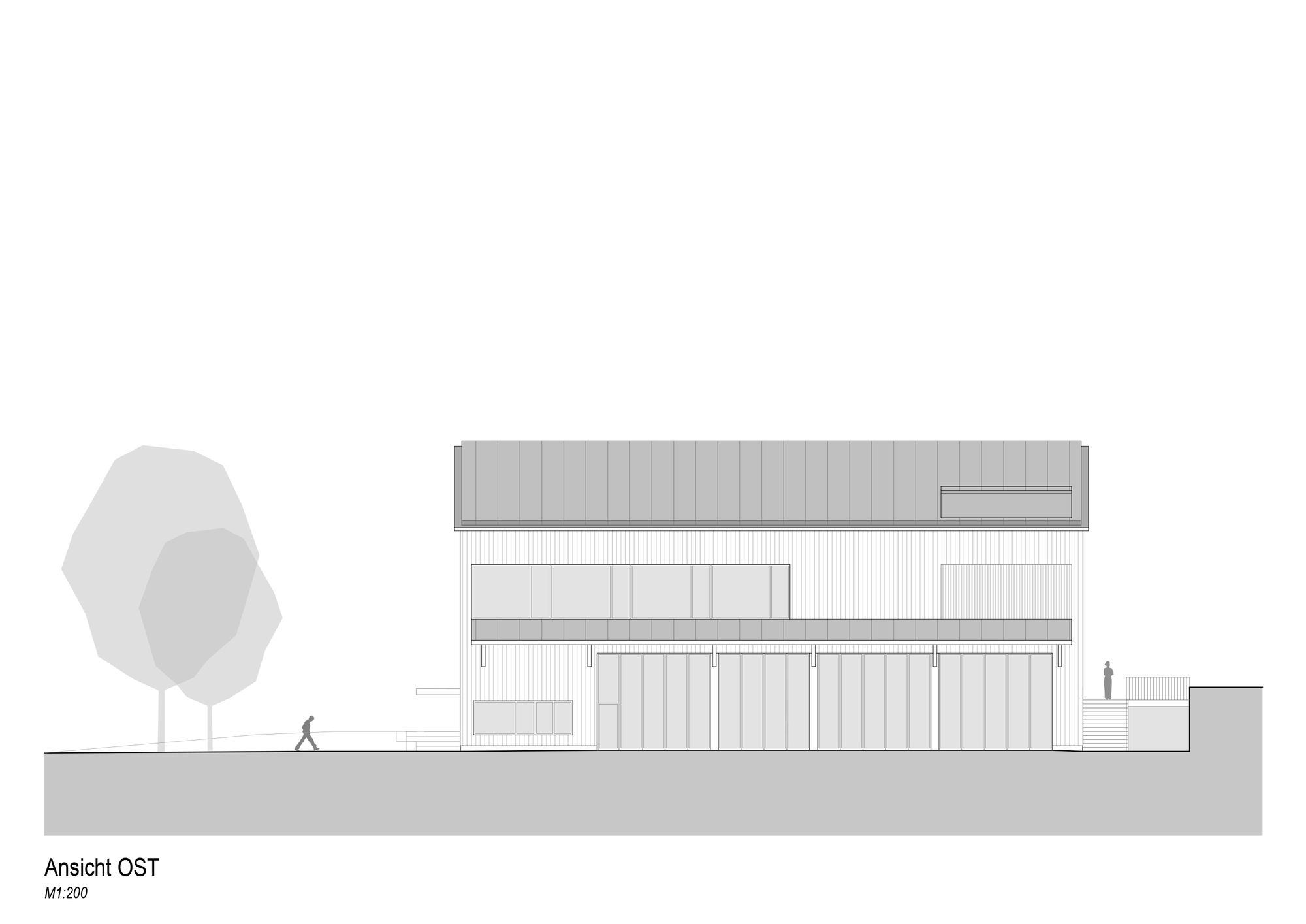 East elevation drawing showing a gabled building with four large sliding timber doors, a metal roof and a walking figure beside two trees