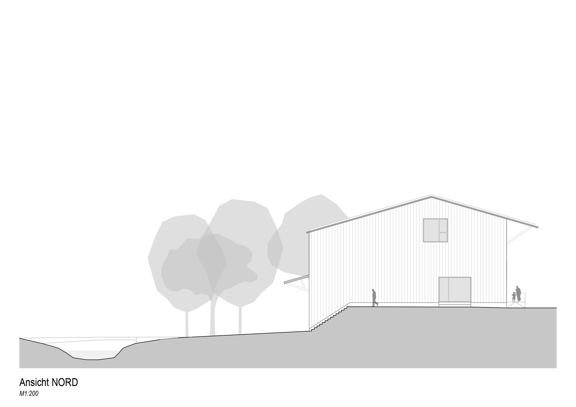 North elevation drawing of a vertically clad gabled volume on a sloping site, with figures near the entrance and trees at left