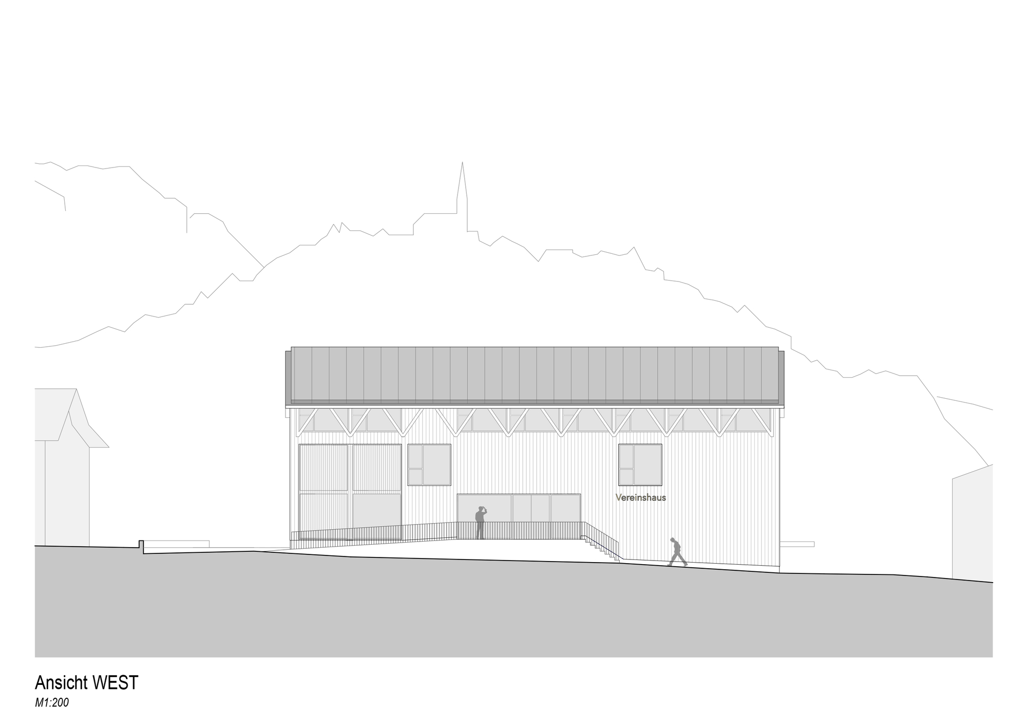 West elevation drawing showing the entrance ramp, timber bracing under the eaves and a mountain skyline with church spire behind