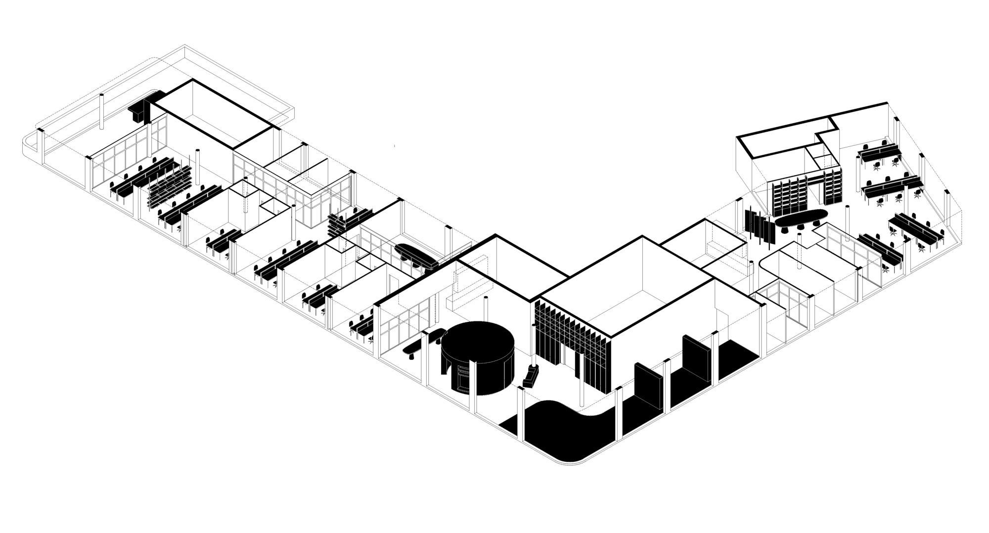 Axonometric drawing of an L-shaped office floor with solid black partitions, a cylindrical room, shelving walls and desk rows