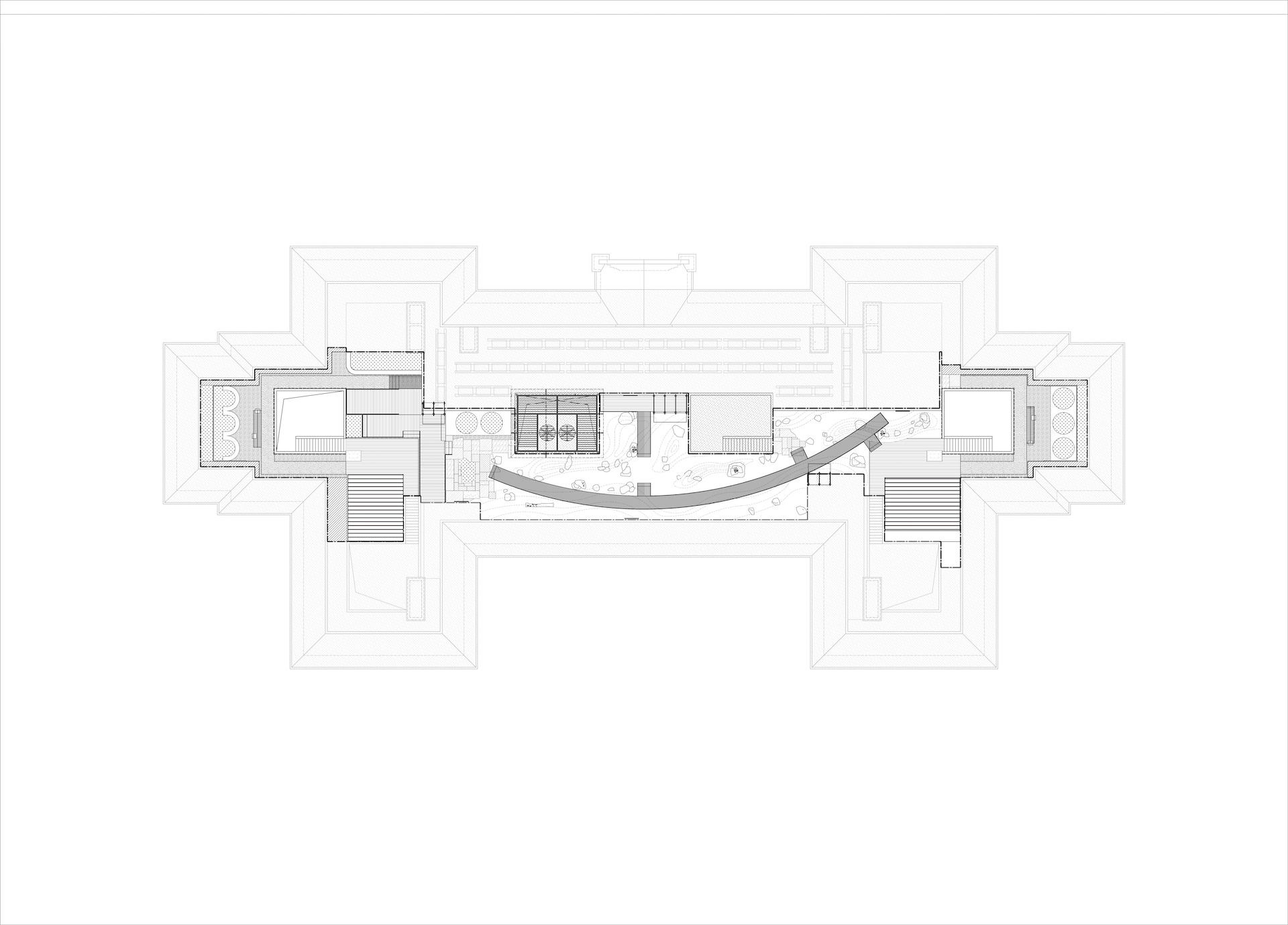 Roof plan drawing showing a curved garden path and terraces set within the pitched roof outlines of the cross-shaped building