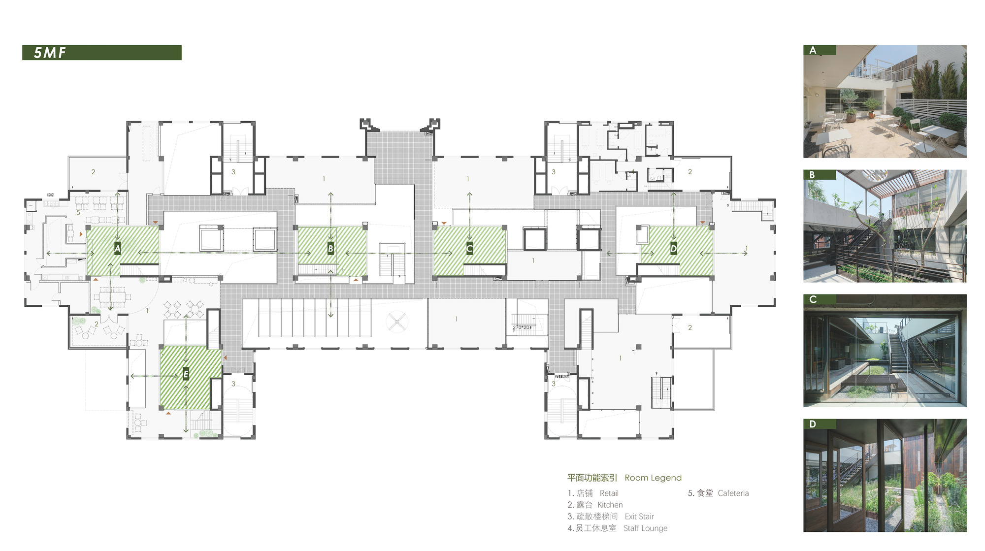 Mezzanine floor plan drawing with green-hatched courtyards along a central circulation spine, plus four small photos of terraces and glazed courtyards