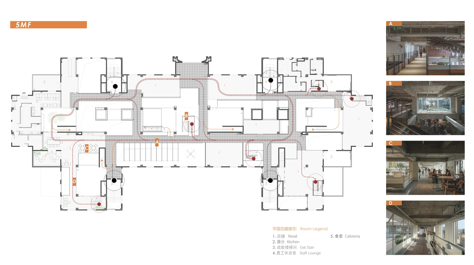 Mezzanine floor plan drawing tracing a red circulation route around courtyards and stairs, with four photos of corridors and a cafeteria