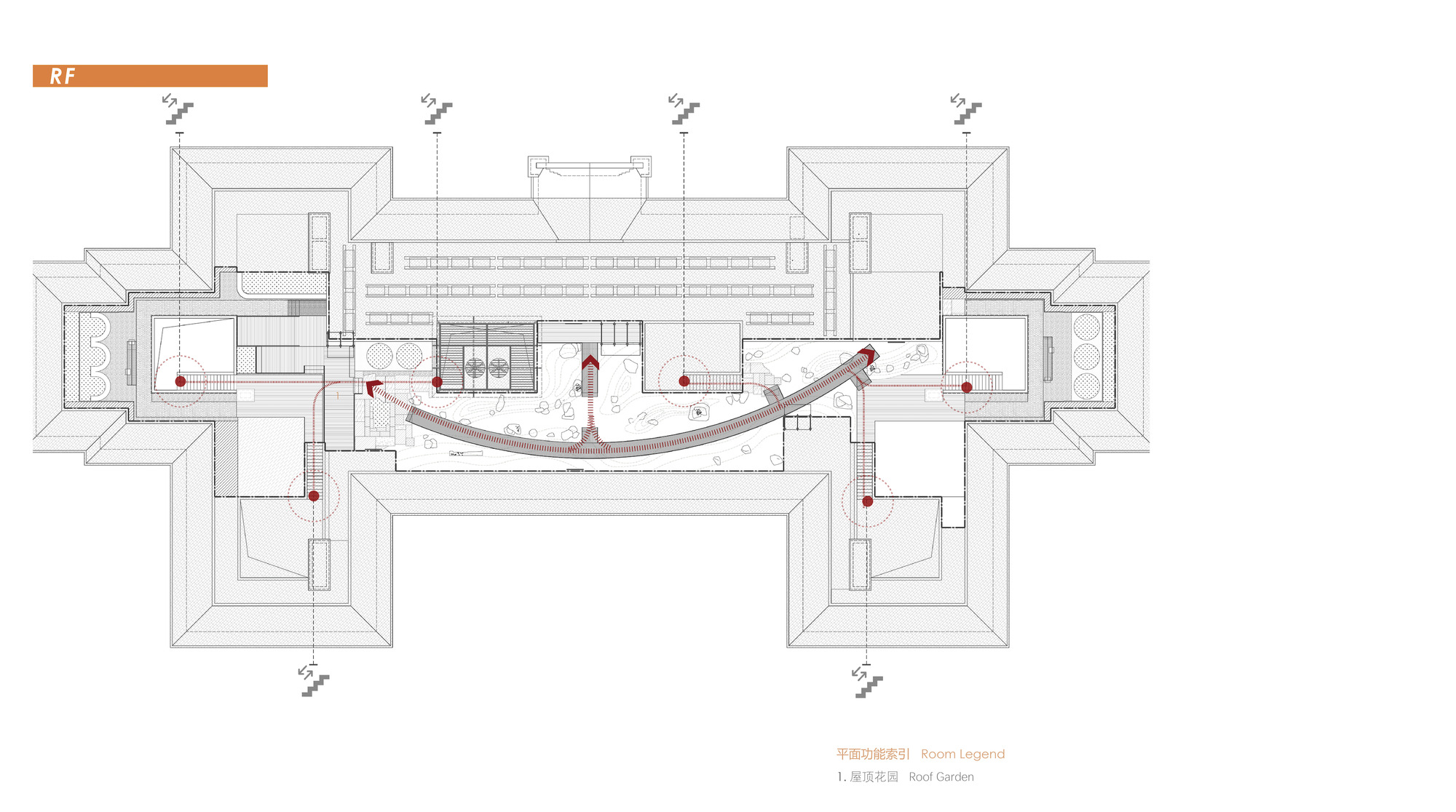 Roof plan drawing showing a curved red walkway crossing the roof garden between stair cores, with pitched roofs around the edges