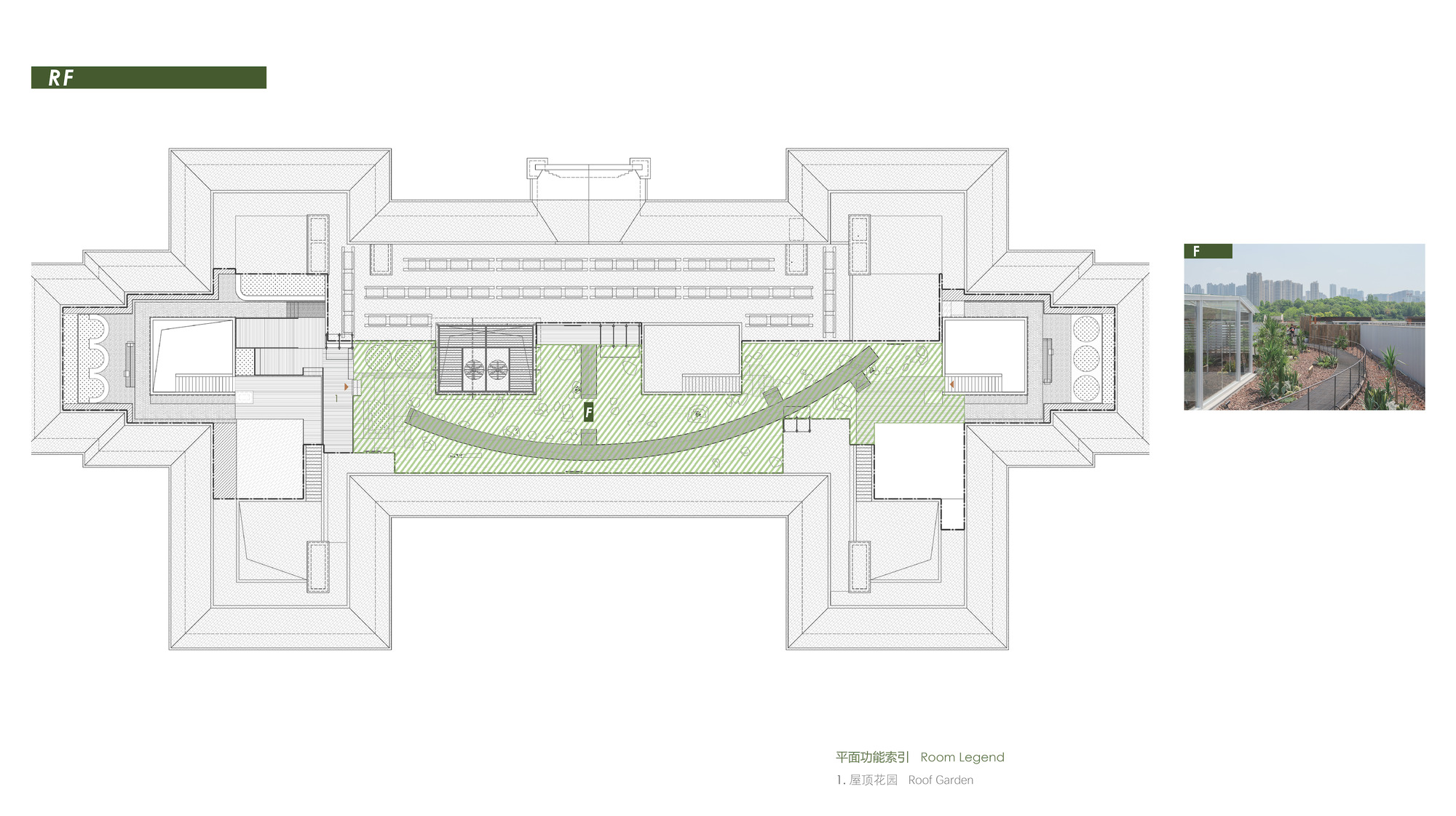Roof plan drawing with the green-hatched roof garden and curved path at center, plus one photo of planted beds against a city skyline