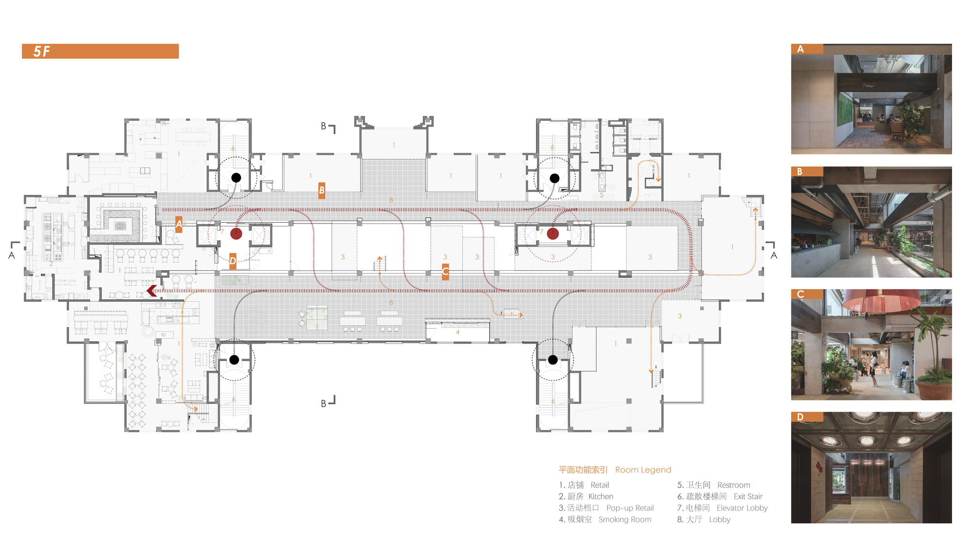 Fifth floor plan drawing with a circulation route traced in orange around a central void, beside four small interior photos labeled A to D