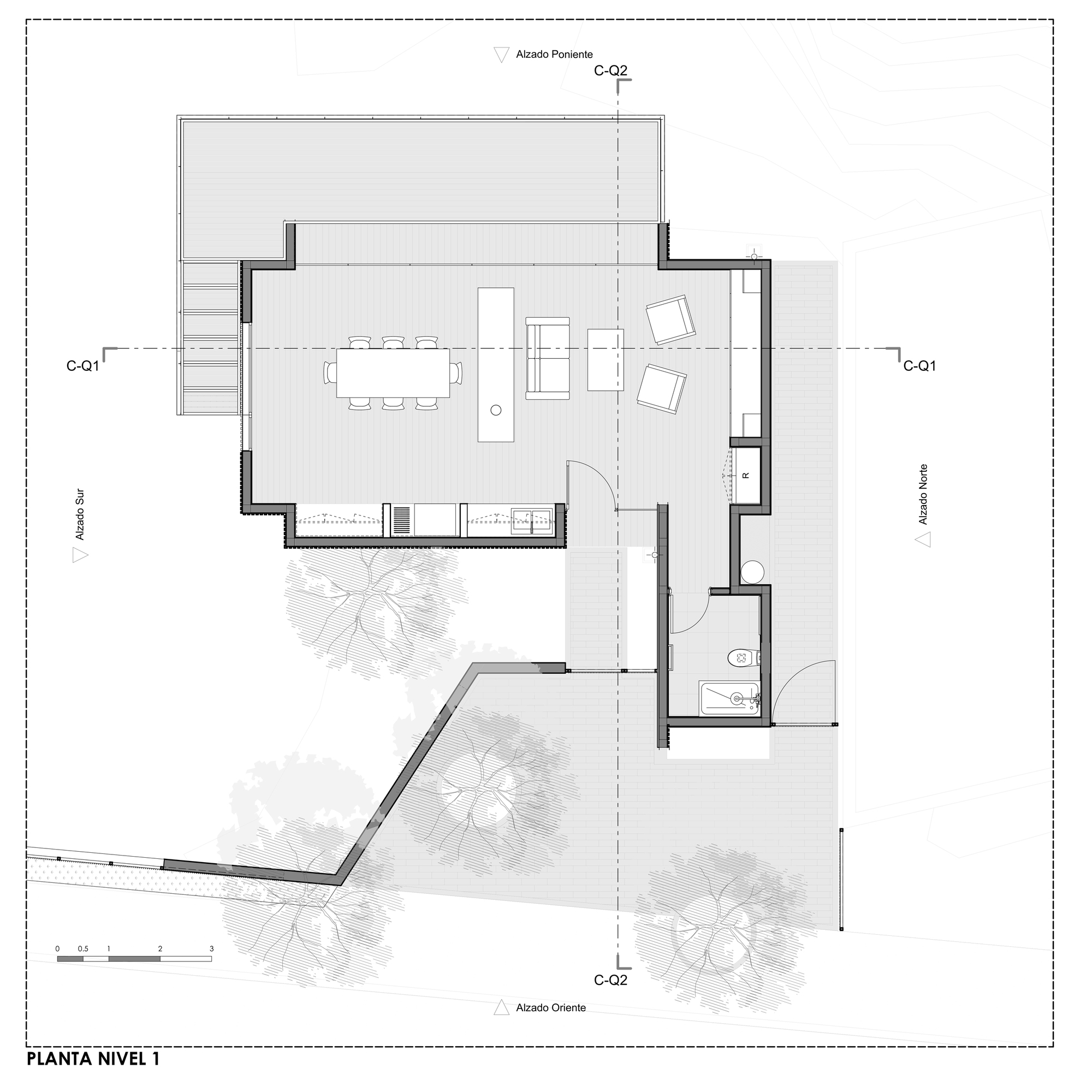 Floor plan drawing of the ground level showing an open living, dining and kitchen room, a bathroom, a deck and surrounding trees