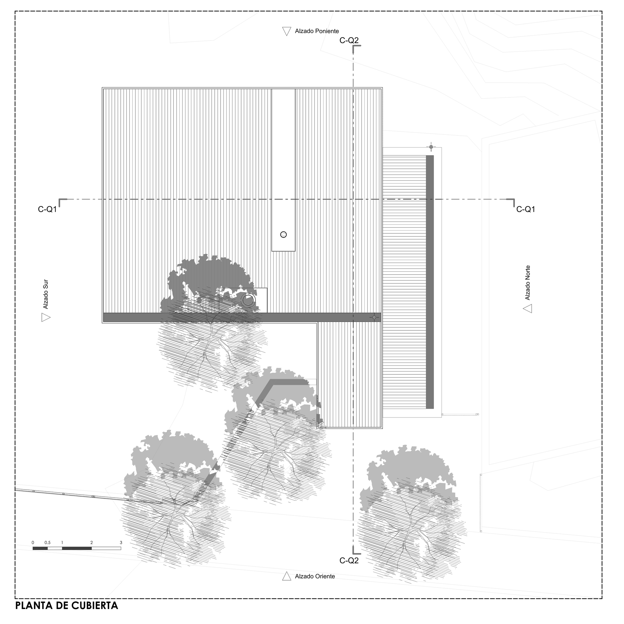 Roof plan drawing showing ribbed roof planes, a long skylight strip, section cut lines and tree canopies around the house
