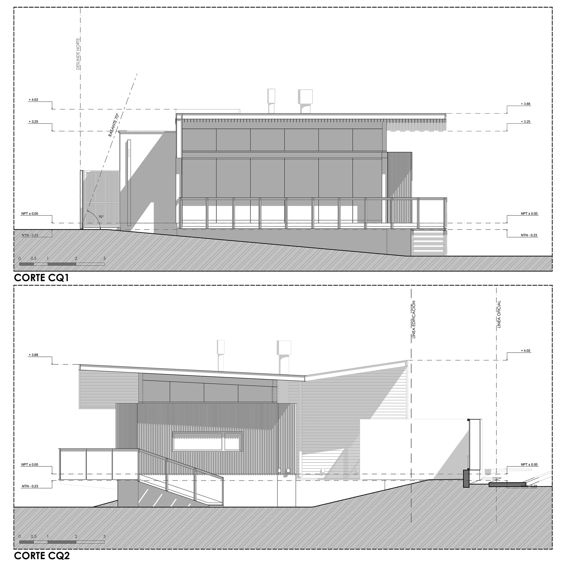 Two elevation drawings of a single-storey pavilion on a sloped site, showing a railed deck, stair, cladding panels and a shed roof with chimney flues