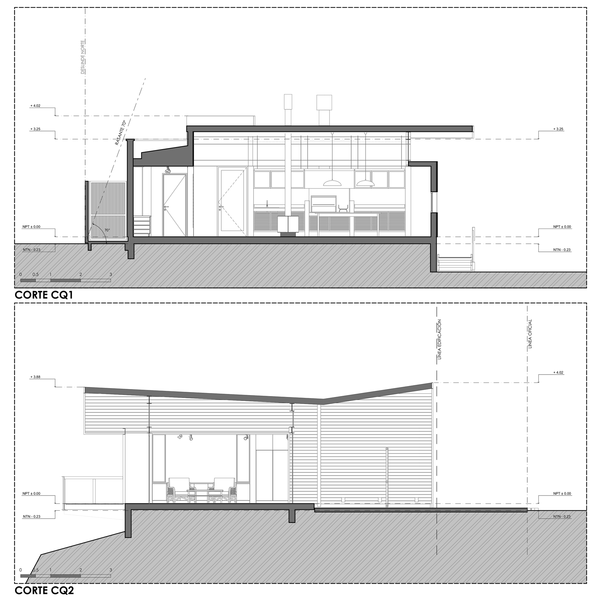 Two section drawings cutting through a house on a sloped site, showing a kitchen, a seating area, a sloped roof and the ground line