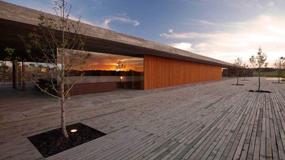 Timber-clad pavilion with a thin concrete roof slab above a weathered plank deck and young trees at sunset