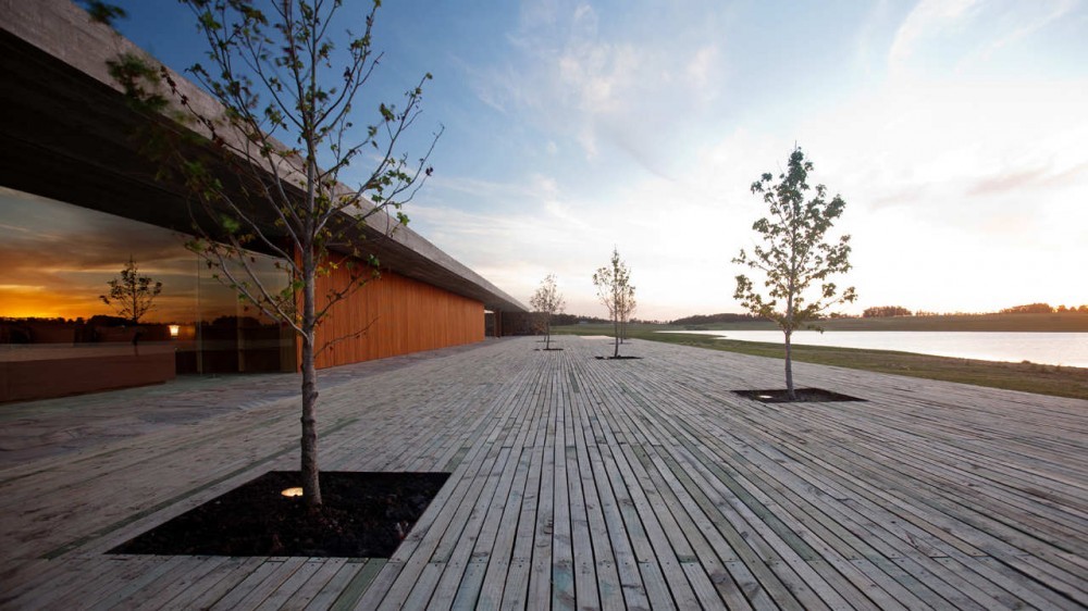 Long timber deck lined with young trees in square planters beside the glazed facade, with a lake and sunset sky beyond
