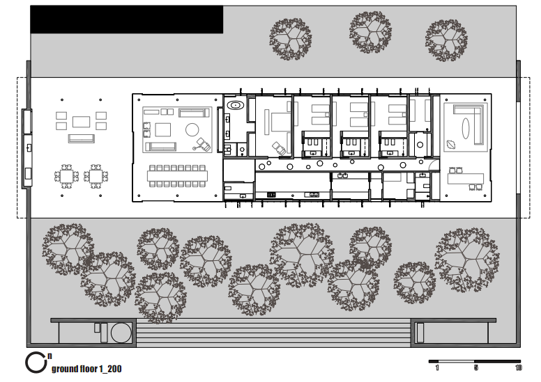Ground floor plan drawing showing a central block of bedrooms and service rooms between open living and dining terraces, ringed by trees