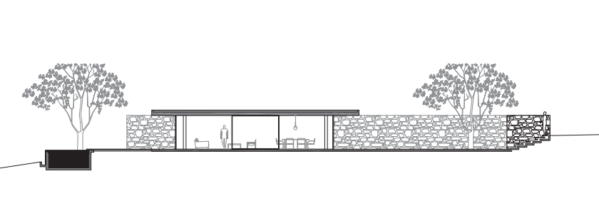 Section drawing of a low flat-roofed house between stone walls, with a figure inside and trees on either side