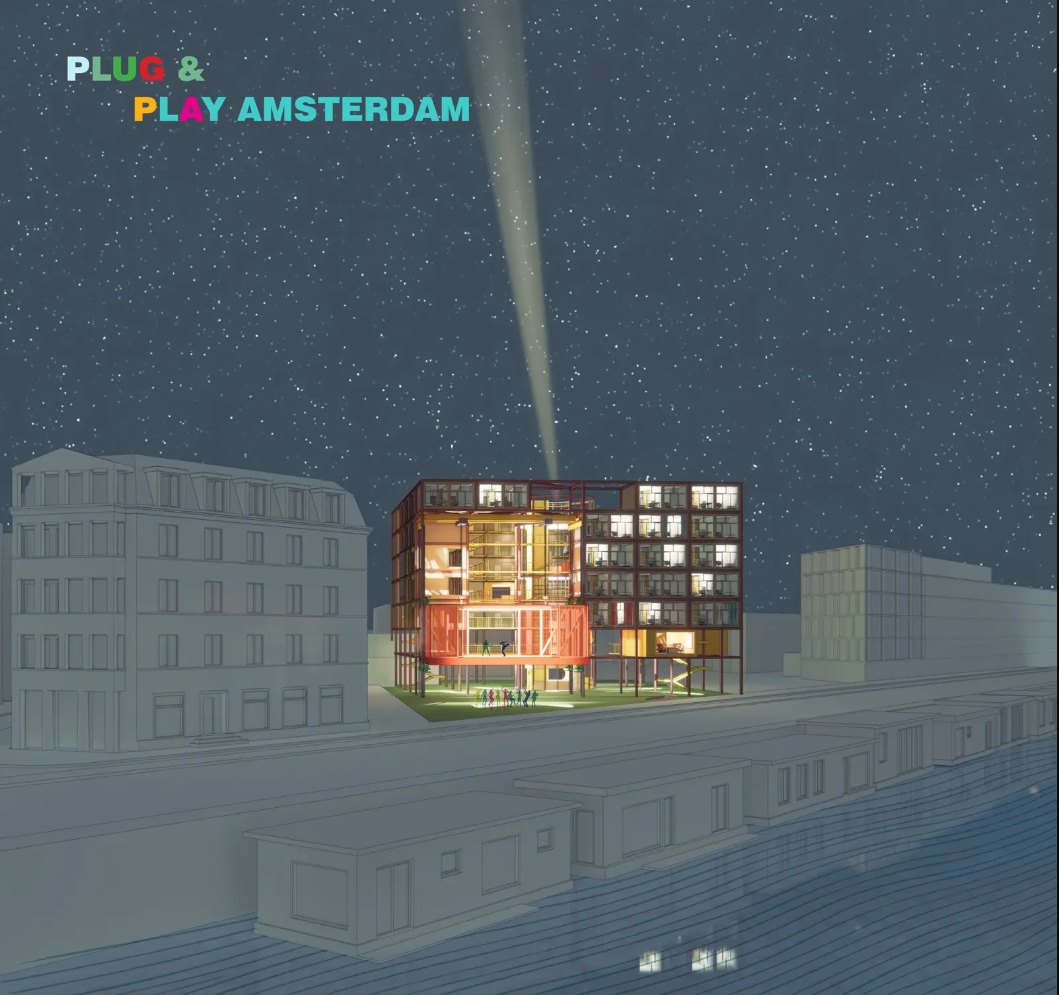 Night rendering of a steel-framed block with lit apartments and an orange volume, a searchlight beam rising into a starry sky. Image: Renée and Alexandra